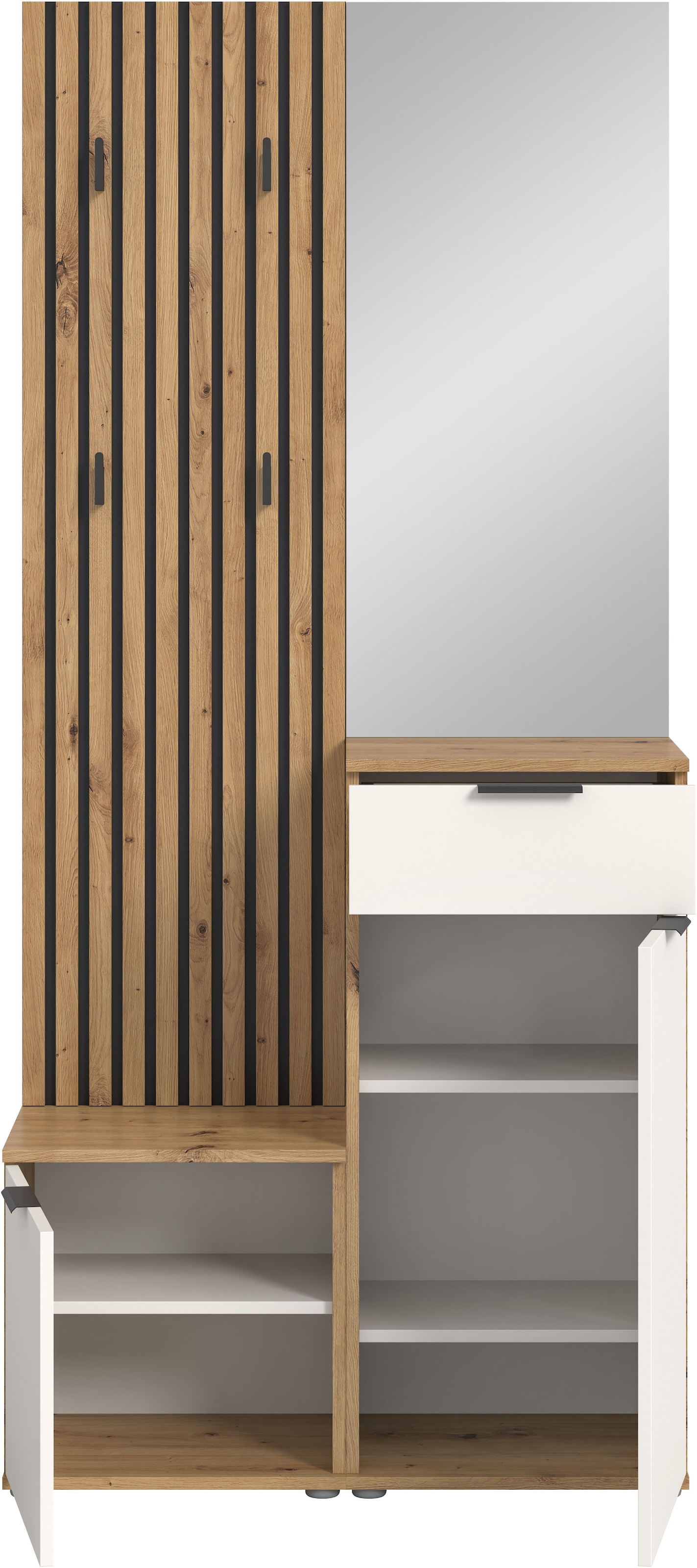 HBZ Kompaktgarderobe »Simple mit Spiegel, Flurgarderobe BxHxT 88x195x35 cm«, (4 St.), mit Bank, Paneel, Schuhkommode mit Schubkasten und Spiegel