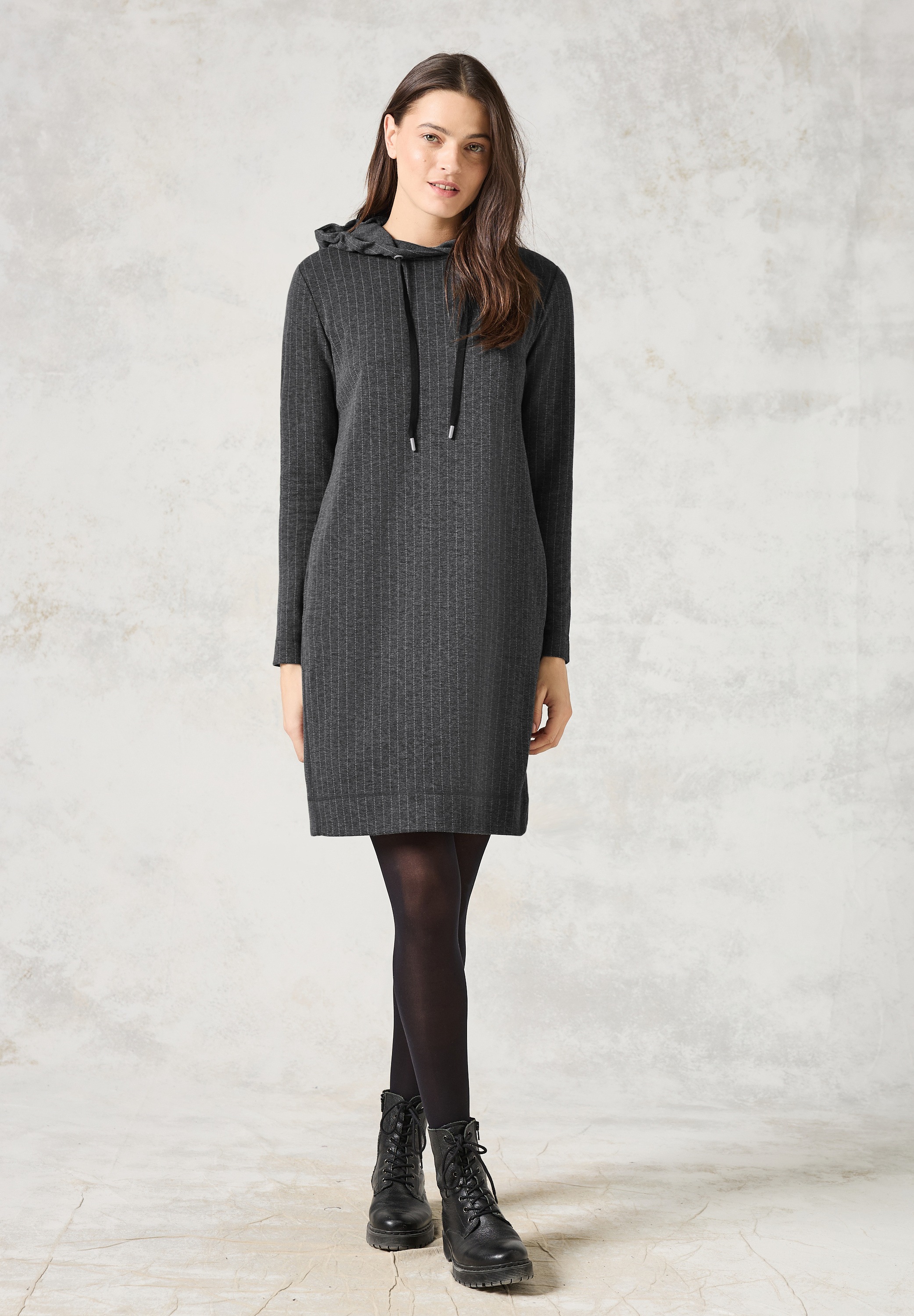 Midikleid CECIL, Damen, Gr. XXL (46), US-Größen, grau (dunkelgrau melange), Stoff, 67% Polyester, 30% Viskose, 3% Elasthan, gestreift, normal kniefrei, ohne Ausschnitt, Bündchen, Kleider Midikleid, mit Kapuze