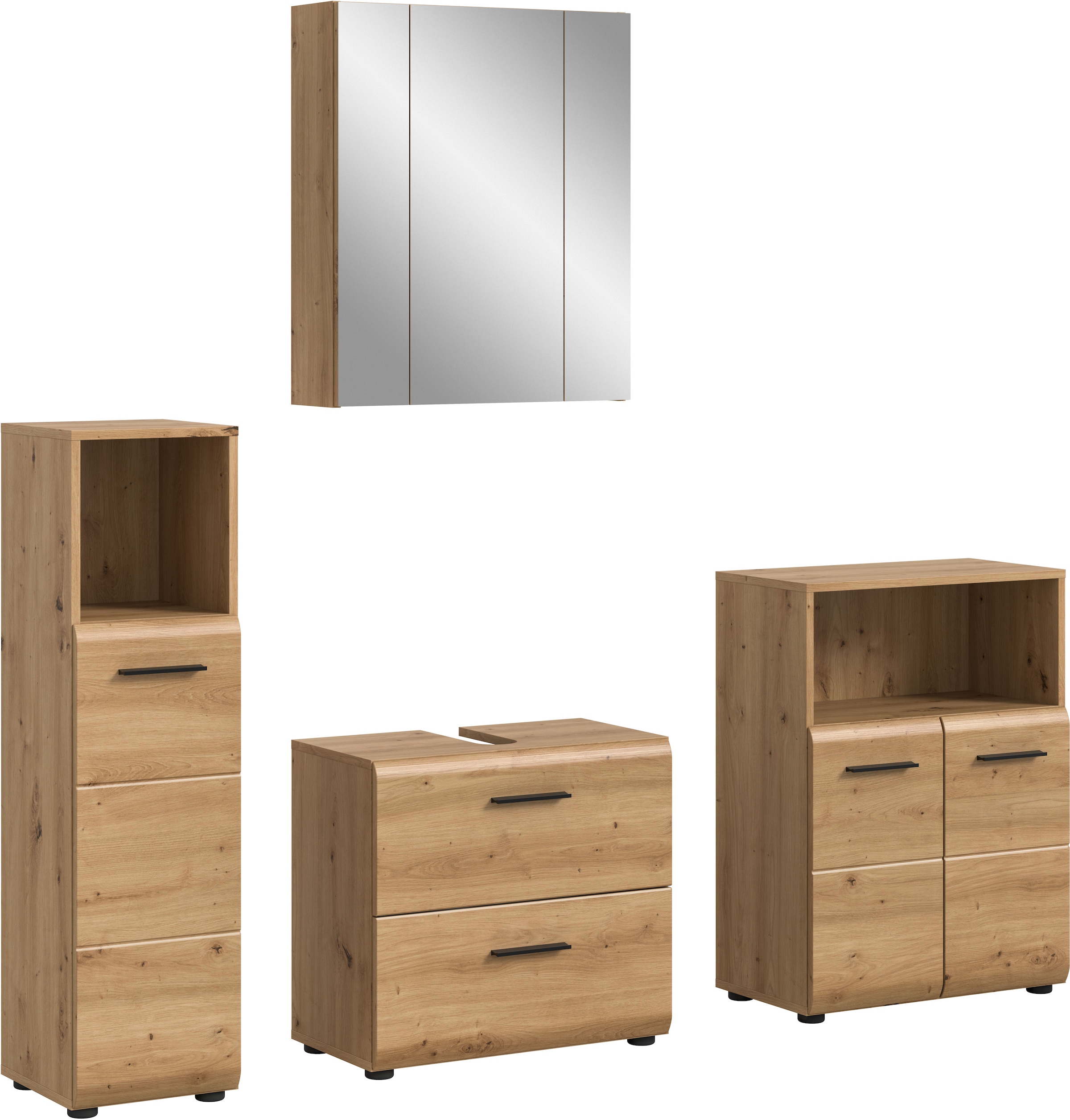 welltime Badmöbel-Set "FLORENZ, 4-teilige Badkombination, hochwertige MDF-Front" Set, Midischrank hoch, WBU, Spiegelschrank, Midischrank breit, 4 Stk. tlg.