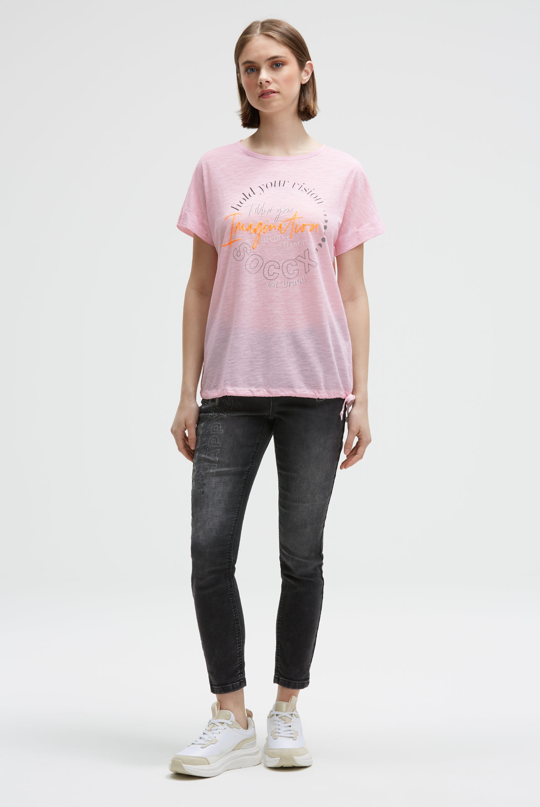 SOCCX Rundhalsshirt mit Bindeband am Saum