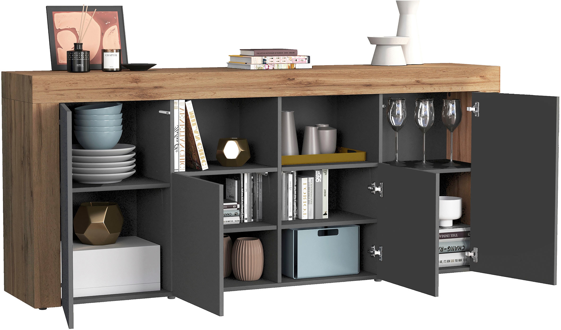 INOSIGN Sideboard »CHRONOS Breite 200 cm mit 4 Türen, 2 offene und 8 geschlossene Fächer«, (1 St.), Sideboard,Kommode, Schrank, Grifflos mit Push to Open, Made in Italy