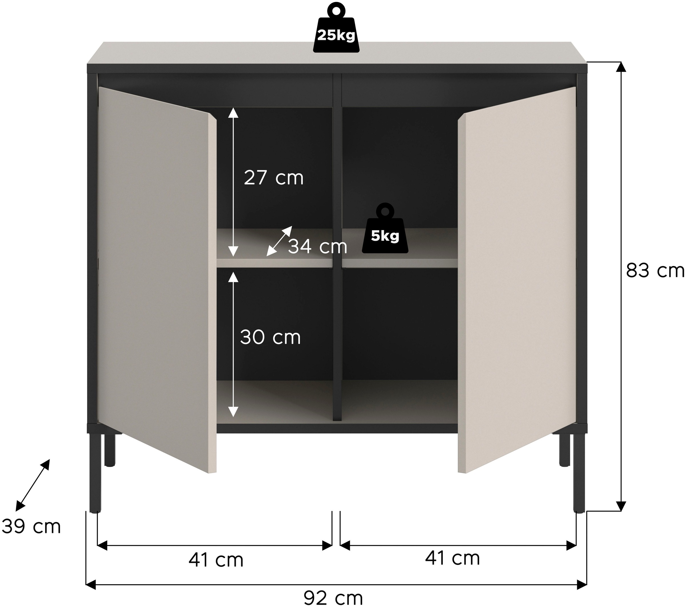 INOSIGN Kommode »NORT, Höhe: 92 cm, mit Metall Stabfuß, 2 Türen, 2 Einlegeböden«, Anrichte, Sideboard, Schrank, Board, Highboard