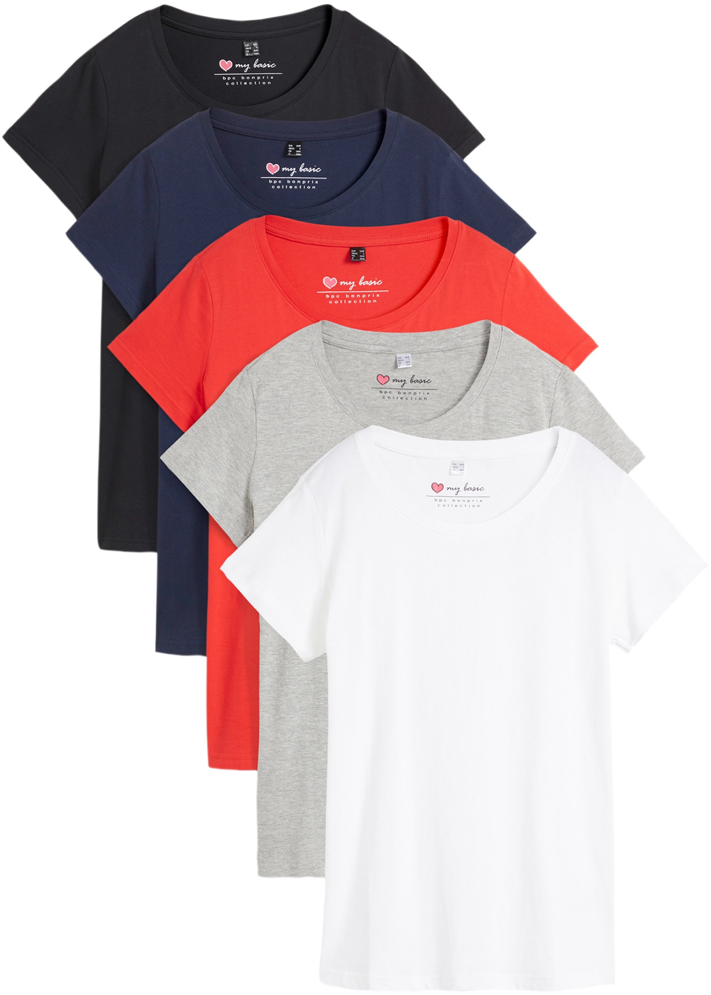 bonprix "Rundhals-Shirt, Kurzarm (5er Pack)" Packung, 5 Rundhals-Ausschnitt, mit kurzem Arm