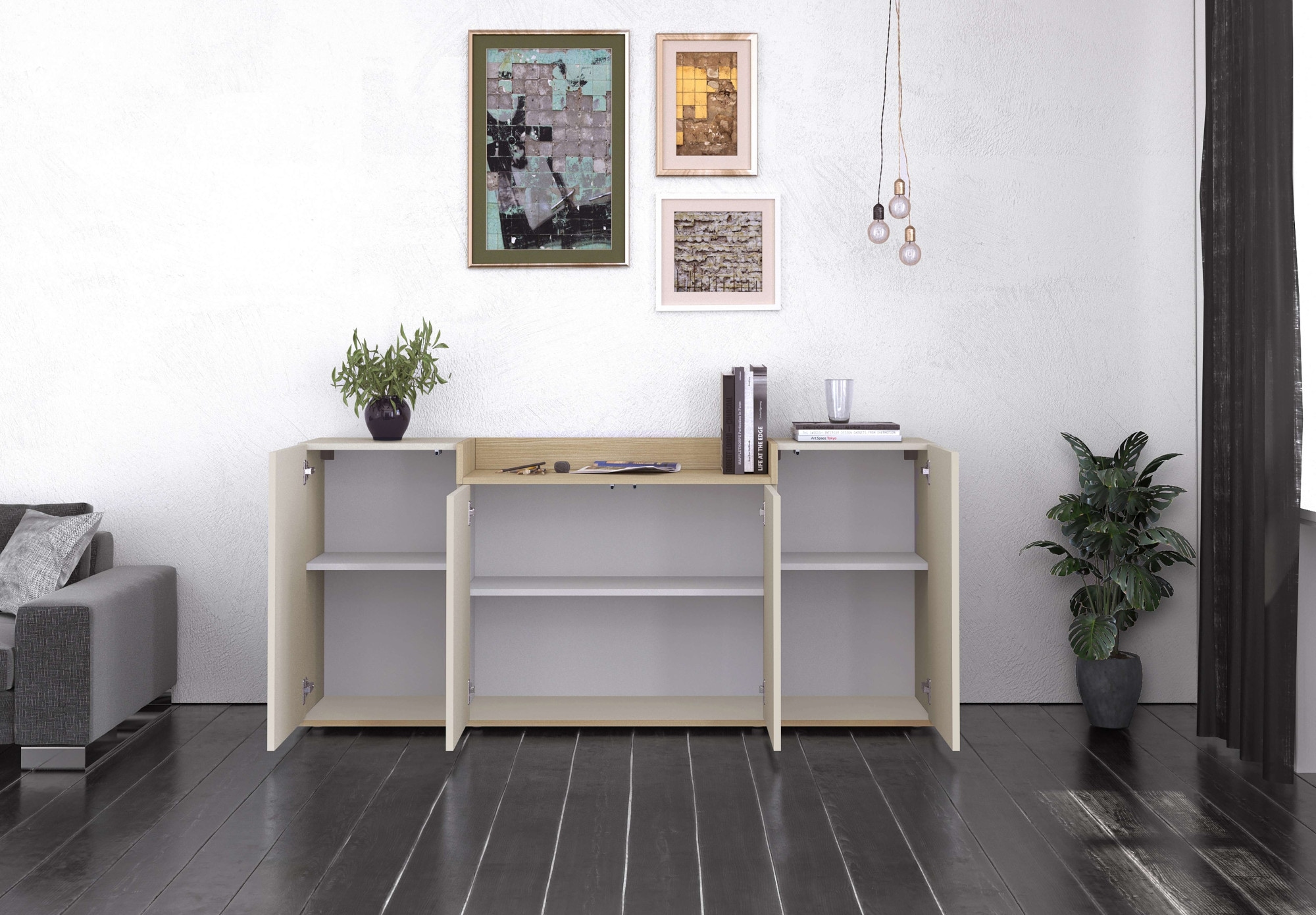 OTTO home Sideboard »BOLSENA, Kommode, Schrank,Lowboard mit 6 Fächer und offenes Ablagefach« 1 Stk. tlg. stehend/hängend montierbar, Made in Italy, B/T/H: 160 × 35 × 71,2 cm
