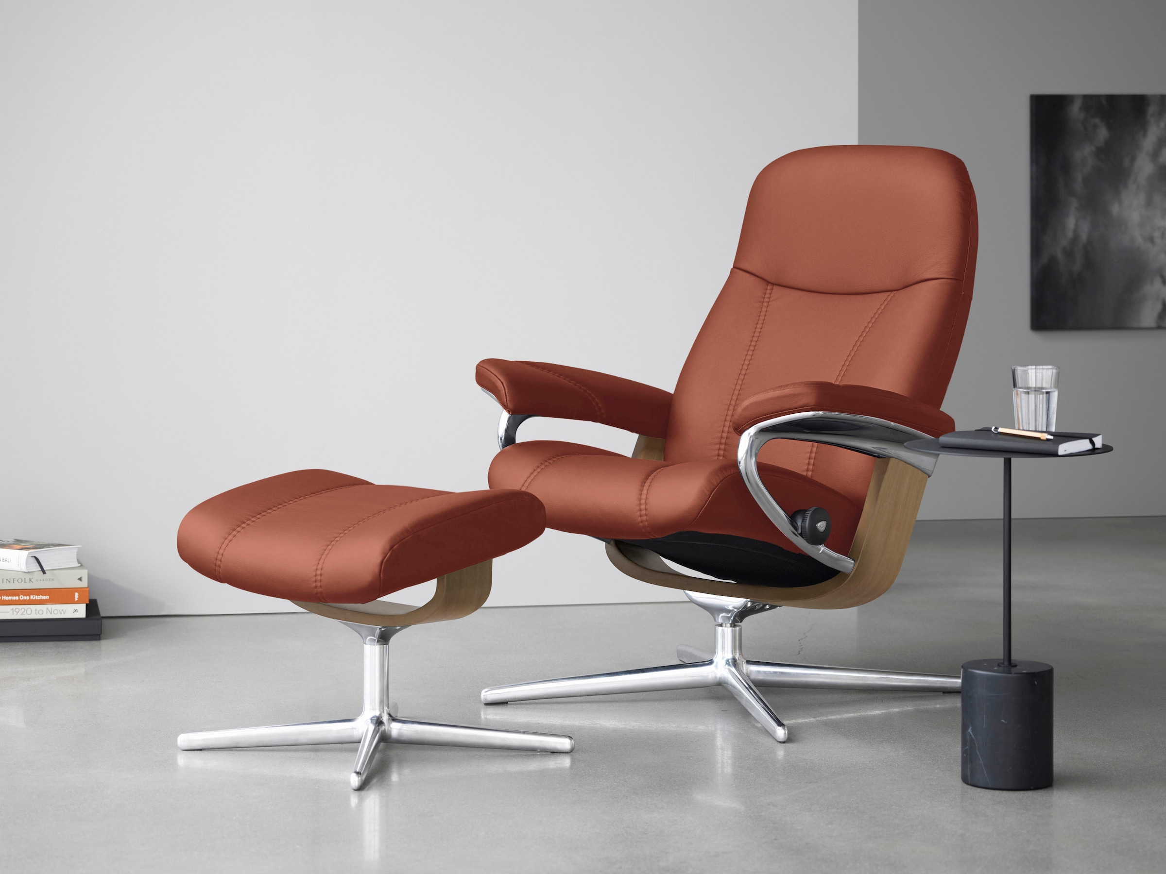 Stressless® Relaxsessel »Consul«, (Set, Relaxsessel mit Hocker), mit Hocker, mit Cross Base, Größe S, M & L, Holzakzent Eiche