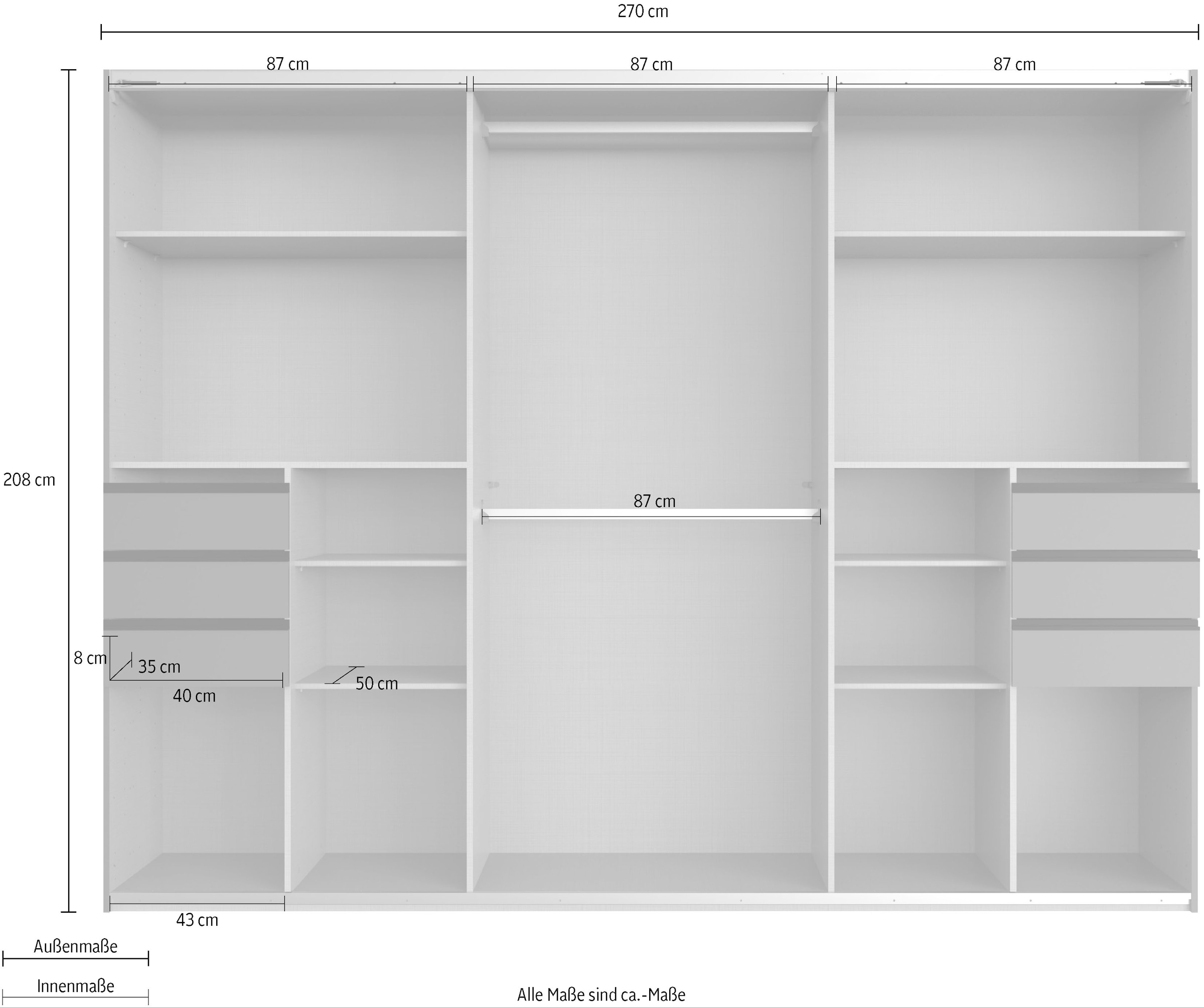 Wimex Schwebetürenschrank »Leonberg, Kleiderschrank mit 6 Schubladen«, mit graphitfb.Glasfront, 270cm breit, 208cm hoch