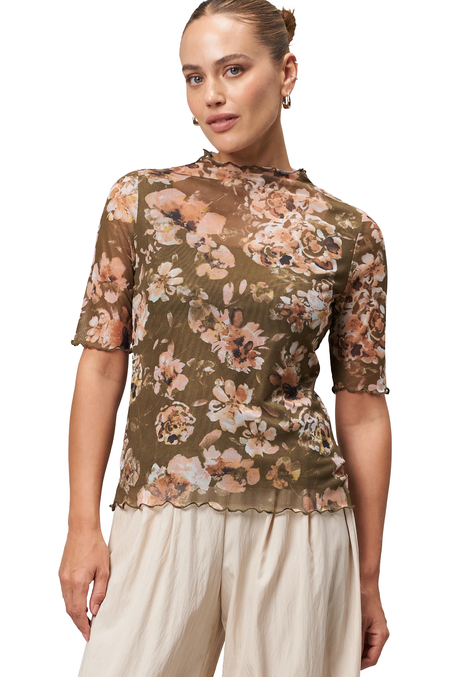 Zero Kurzarmshirt "zero Mesh-Blumen-Shirt mit hohem Kragen", (1 tlg.), Rüsc günstig online kaufen