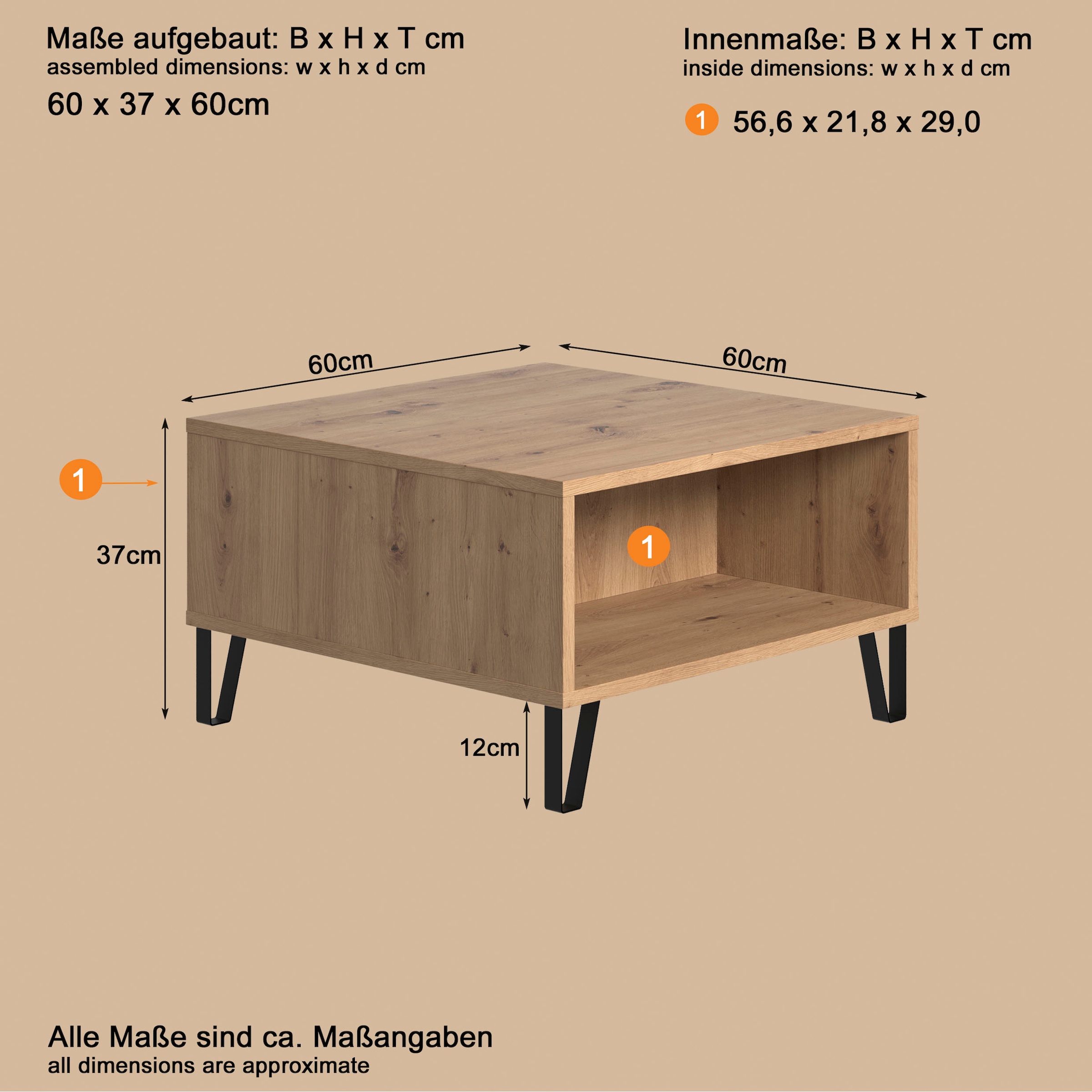 Places of Style Couchtisch »Tarragona«, Couchtisch mit 2 offenen Fächern - (B/T/H) 60/60/37 cm