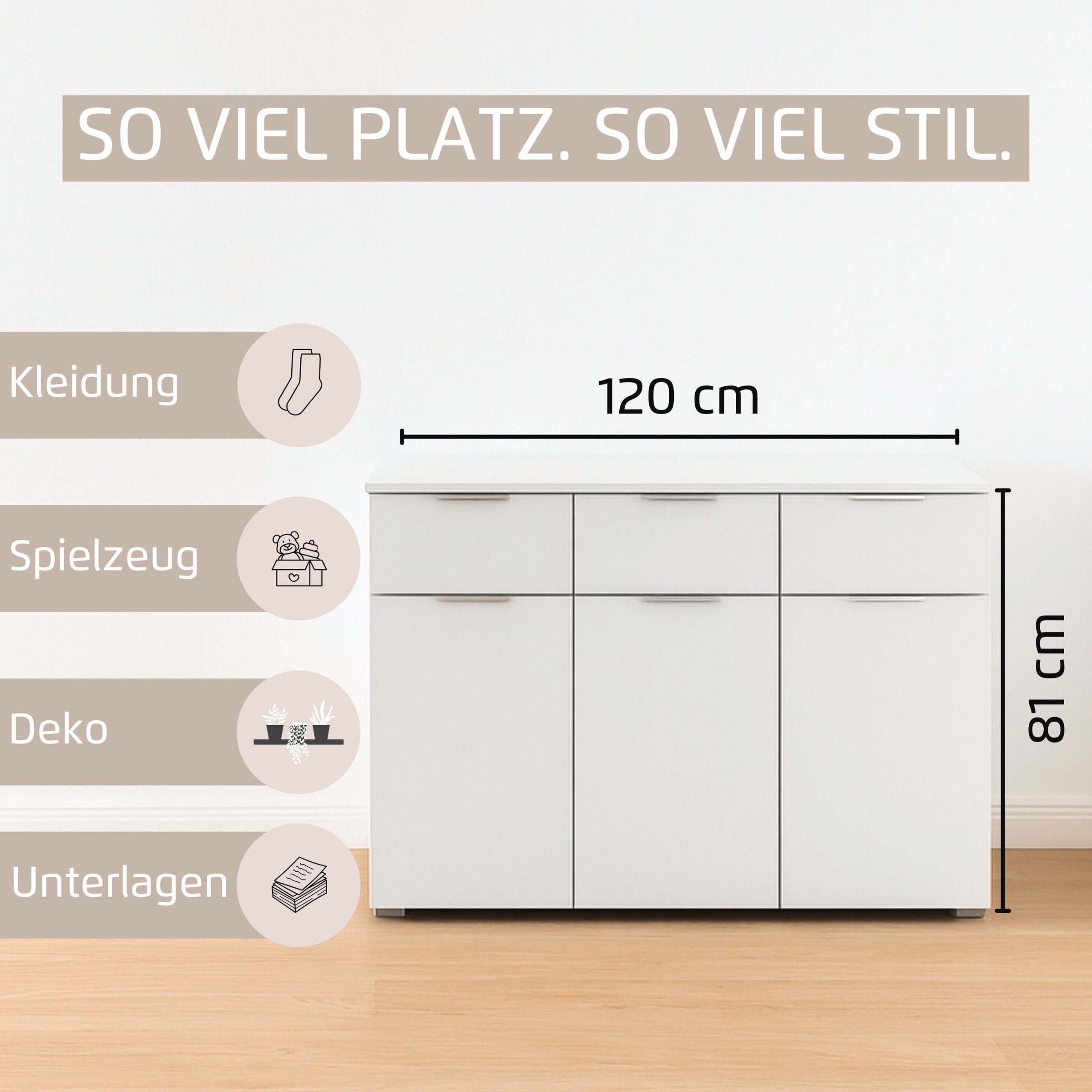 Thumbnail - rauch Kombikommode "Sideboard Schubladenkommode CORTONA mit Dekor-Front" Breite 120 cm inkl. Soft-Close-Funktion, mit 3 ...