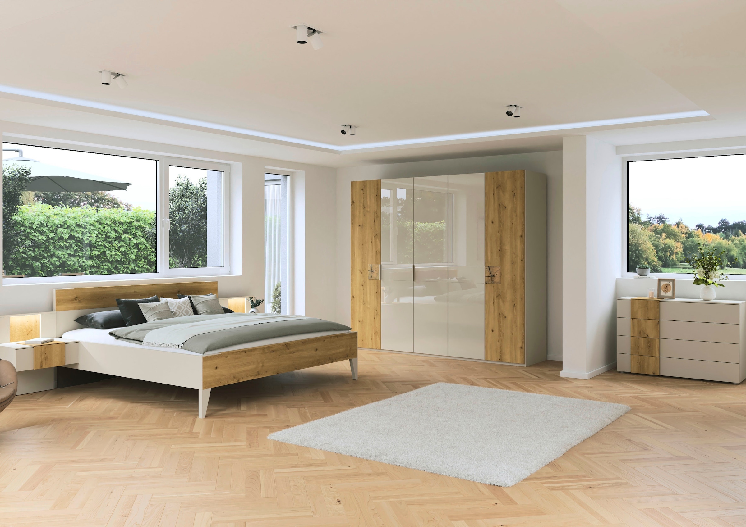 rauch Kleiderschrank »Drehtürenschrank Schrank Garderobe Wäscheschrank KONA« Breiten 251/301 cm, Höhe 223 cm, Tiefe 61 cm,  Glasauflage, Massivholz-Absetzung, SOFT-CLOSE-FUNKTION MADE IN GERMANY