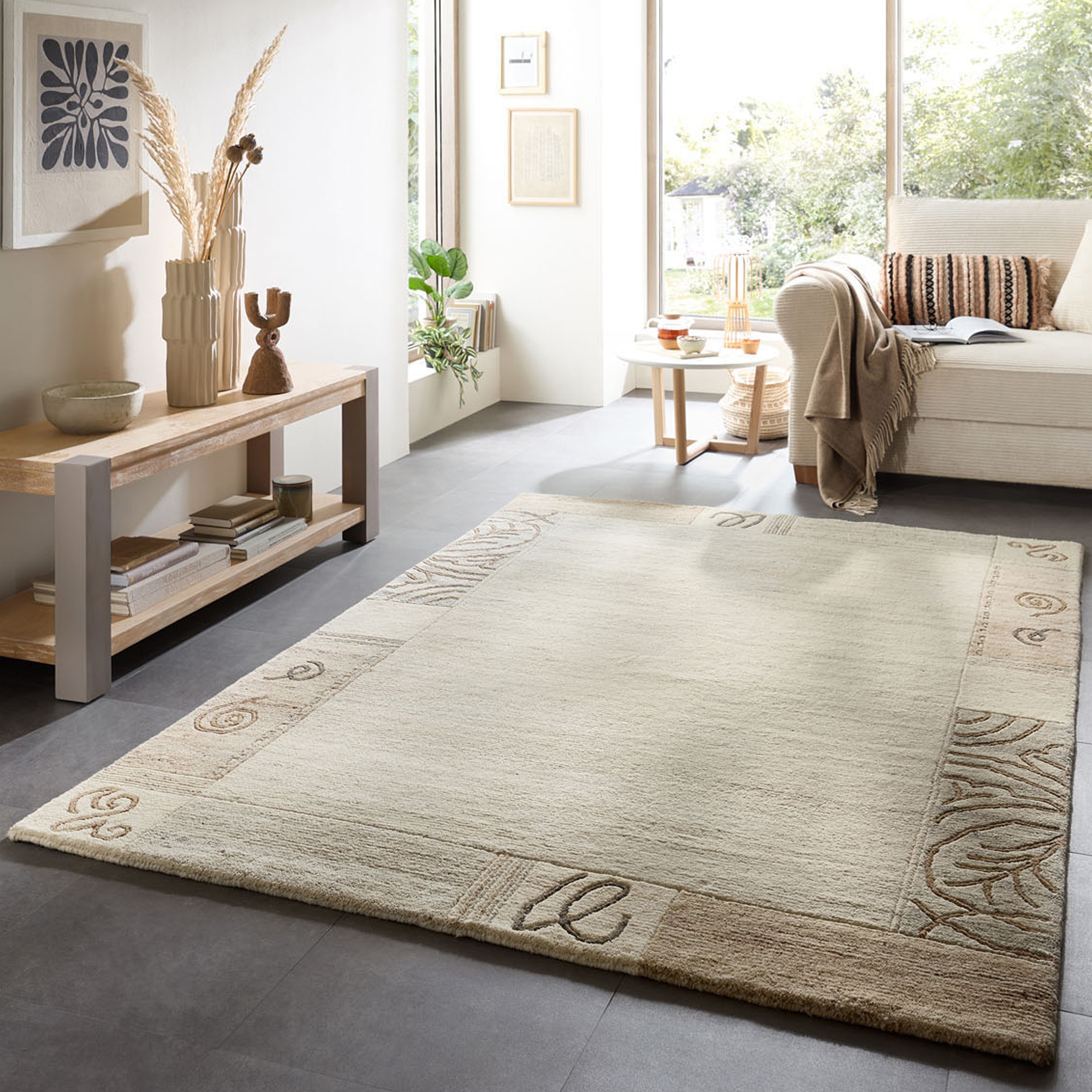THEKO Wollteppich "Natural Garden" rechteckig 14 mm Höhe reine Wolle, mit Bordüre, handgetuftet, Wohnzimmer