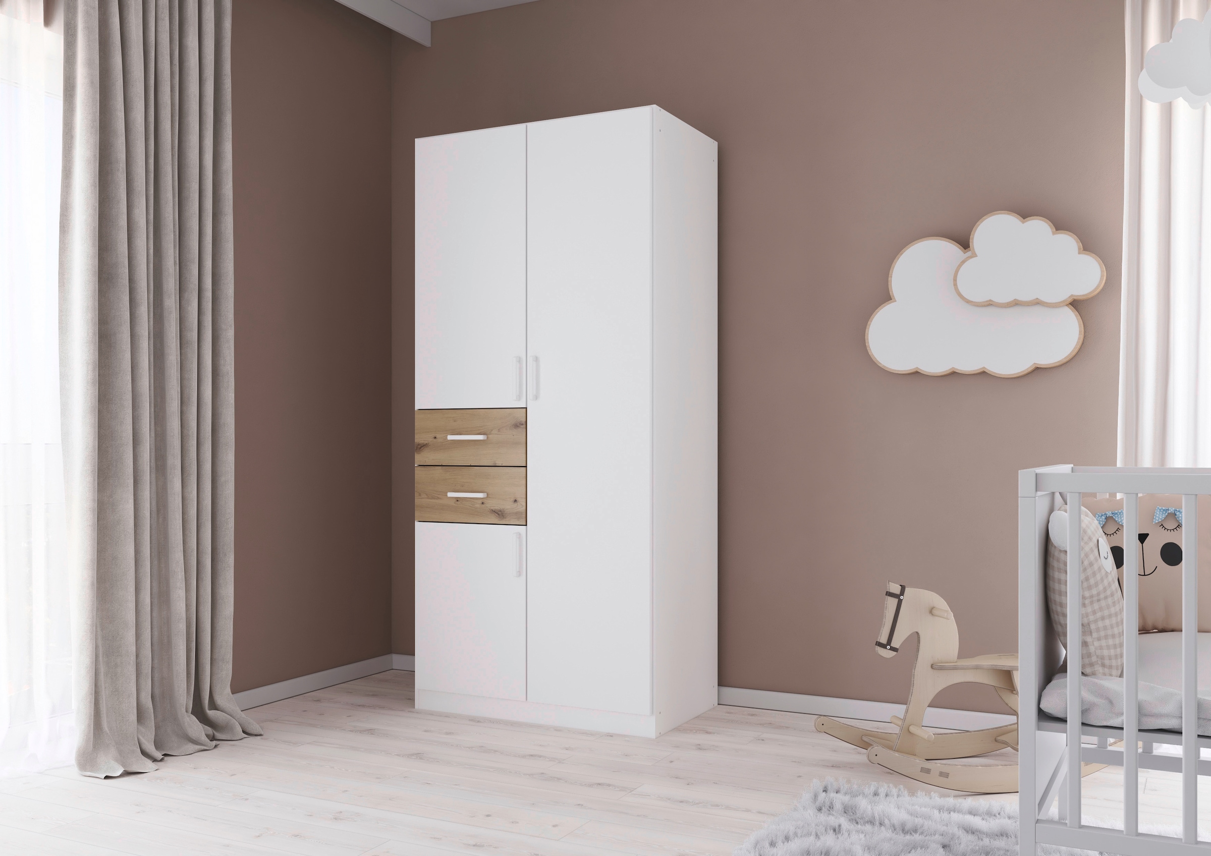 rauch Drehtürenschrank »Kleiderschrank Schrank Garderobe MAIKA mit Dekor-Front«, 2 Schubladen, in verschiedenen Breiten, Höhen, Farben, MADE IN GERMANY
