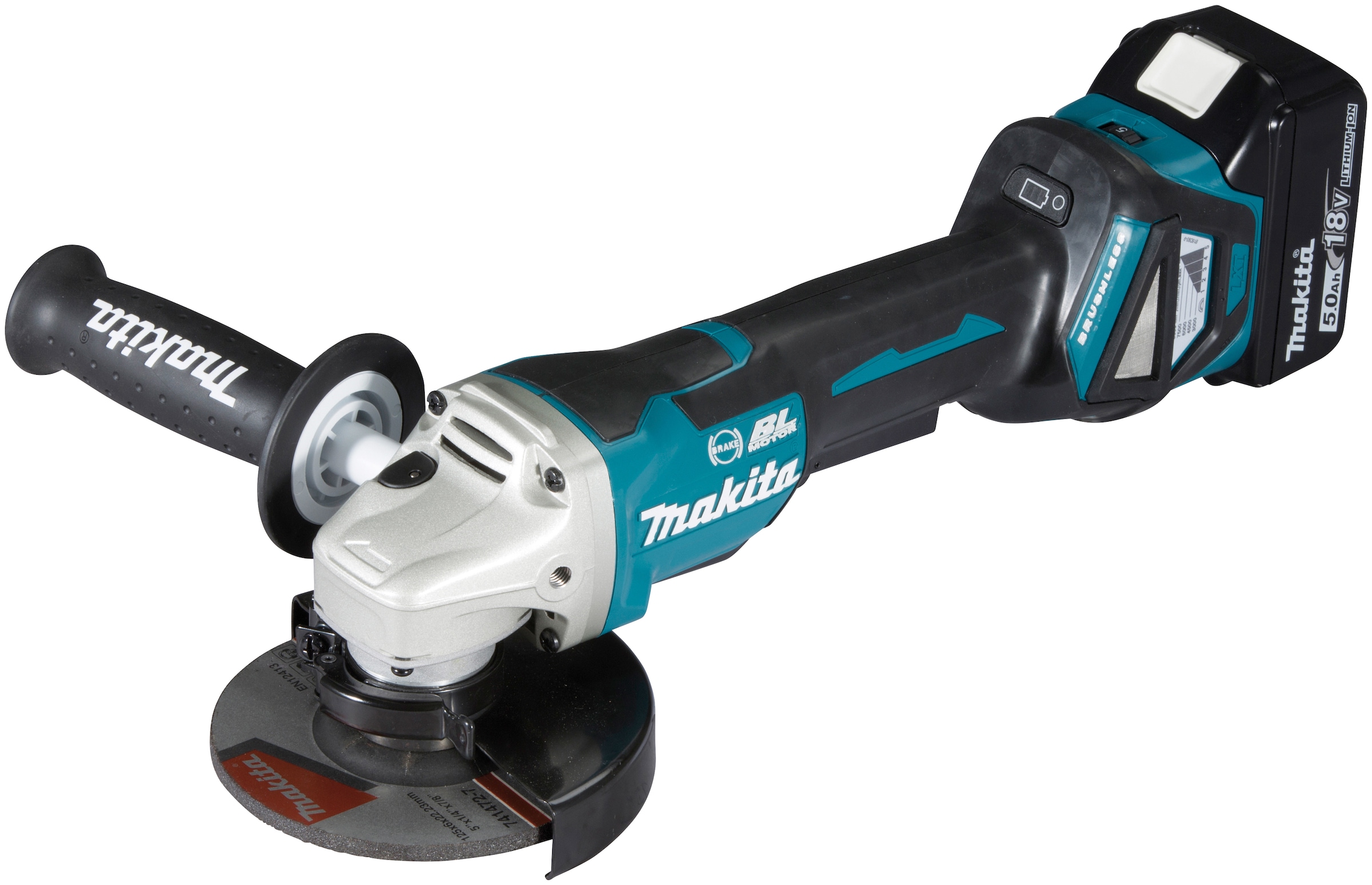 Makita Akku-Winkelschleifer »DGA517RTJ«, (Set, 8 tlg.), 18 V / 5,0 Ah mit Paddleschalter