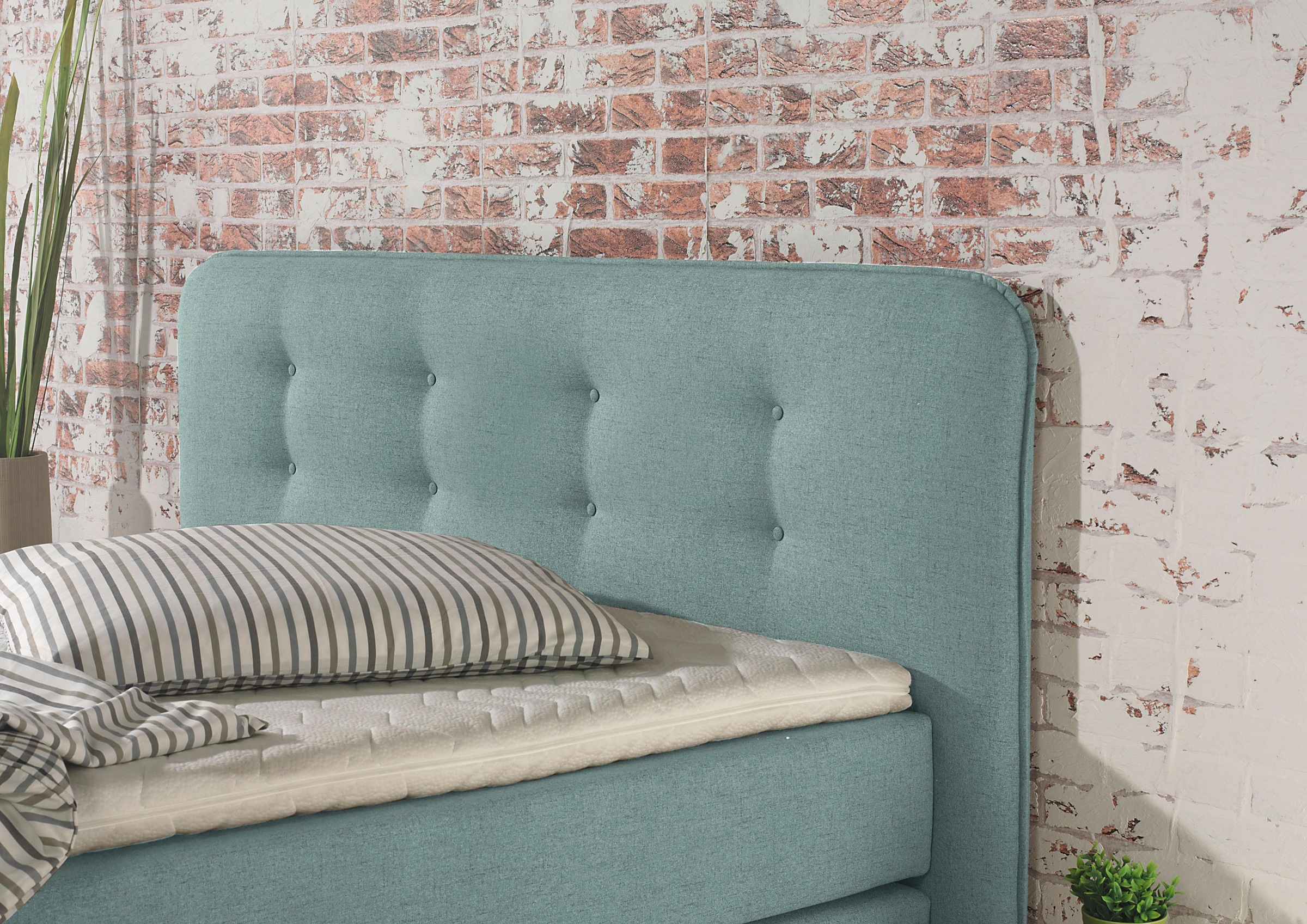 Boxspringbett HOME AFFAIRE "Cecina", blau (petrol), B:202cm L:210cm, Struktur fein (100% Polyester), Komplettbetten, Boxspringbett, in 5 Breiten, 3 Ausführungen, 2 Härtegrade, Knopfheftung, Topper 7