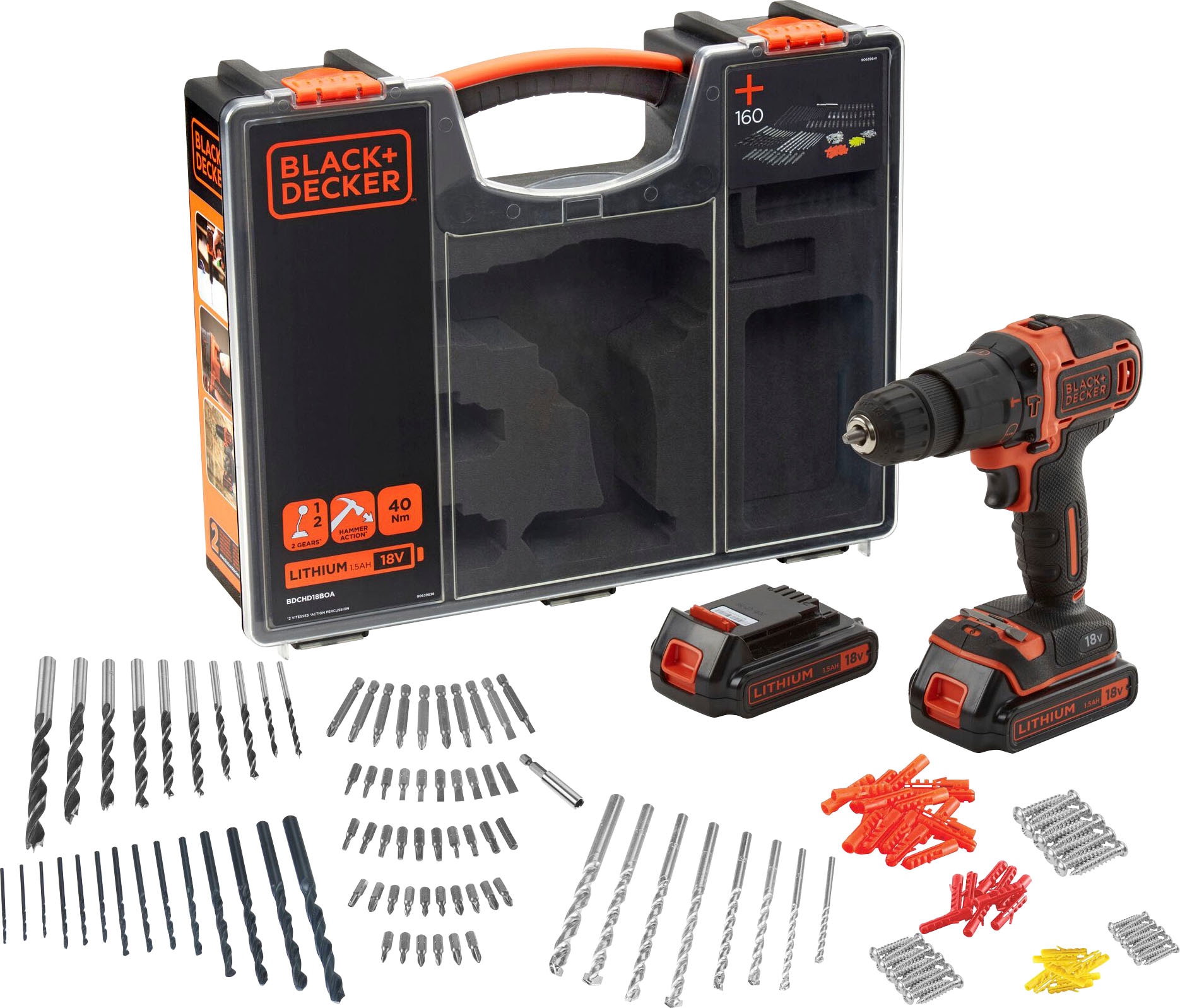 Black + Decker Akku-Schlagbohrschrauber »BDCHD18BOA«, (Set, 165 tlg.), mit 2  Akkus, Koffer und 160-tlg. Zubehör per Rechnung | BAUR