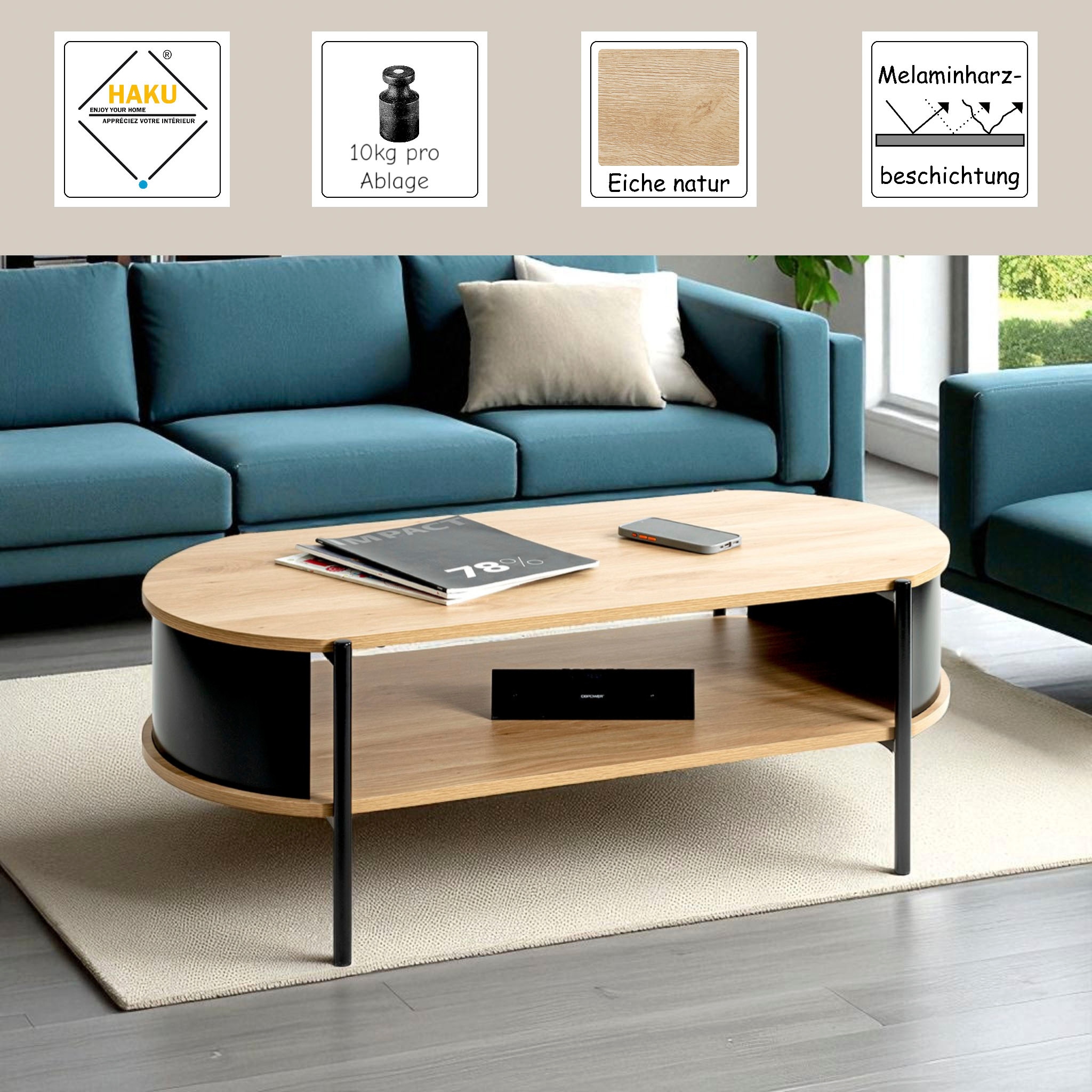 HAKU Couchtisch »Sofatisch, Wohnzimmertisch« 1 Stk. tlg. oval - aus MDF Braun B/T/H 100/54/37 cm