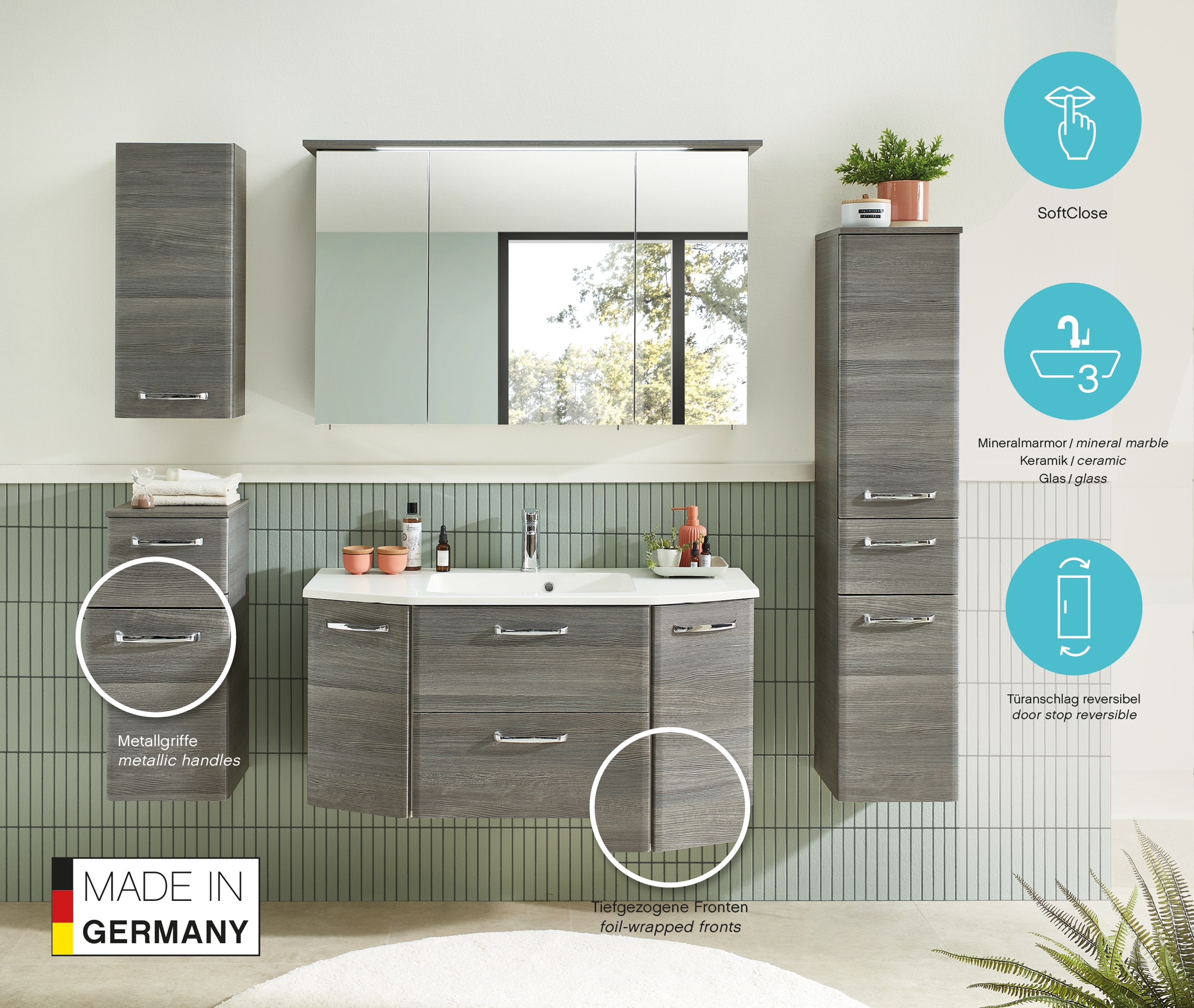 Thumbnail - Saphir Badmöbel-Set "Quickset 4-teilig, Mineralmarmor-Waschtisch und LED-Spiegelschrank" 5 Stk. tlg.