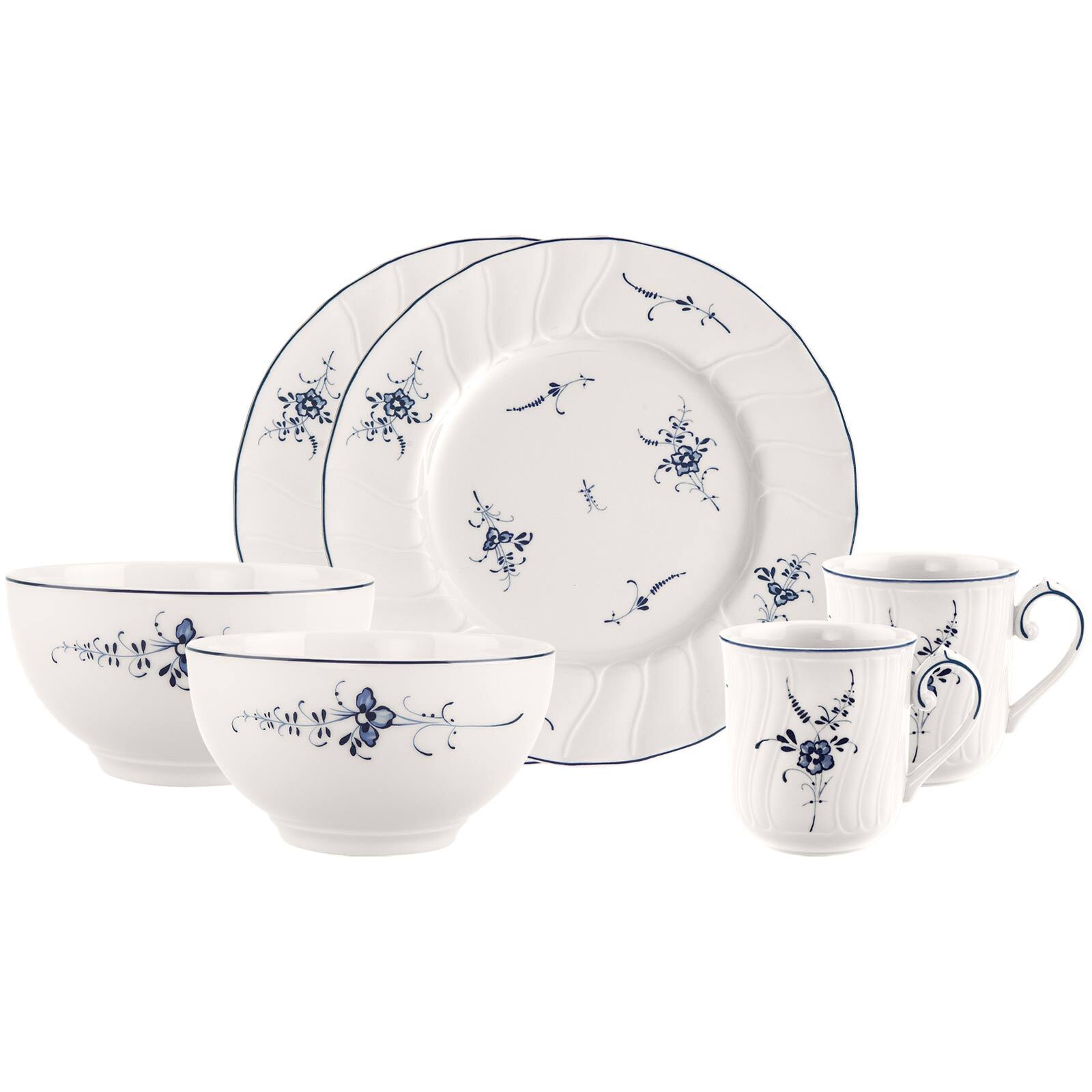 Villeroy & Boch Geschirr-Set "Frühstücks-Set Vieux Luxembourg 6er Set weiß-blau" Spülmaschinengeeignet, Mikrowellengeeignet