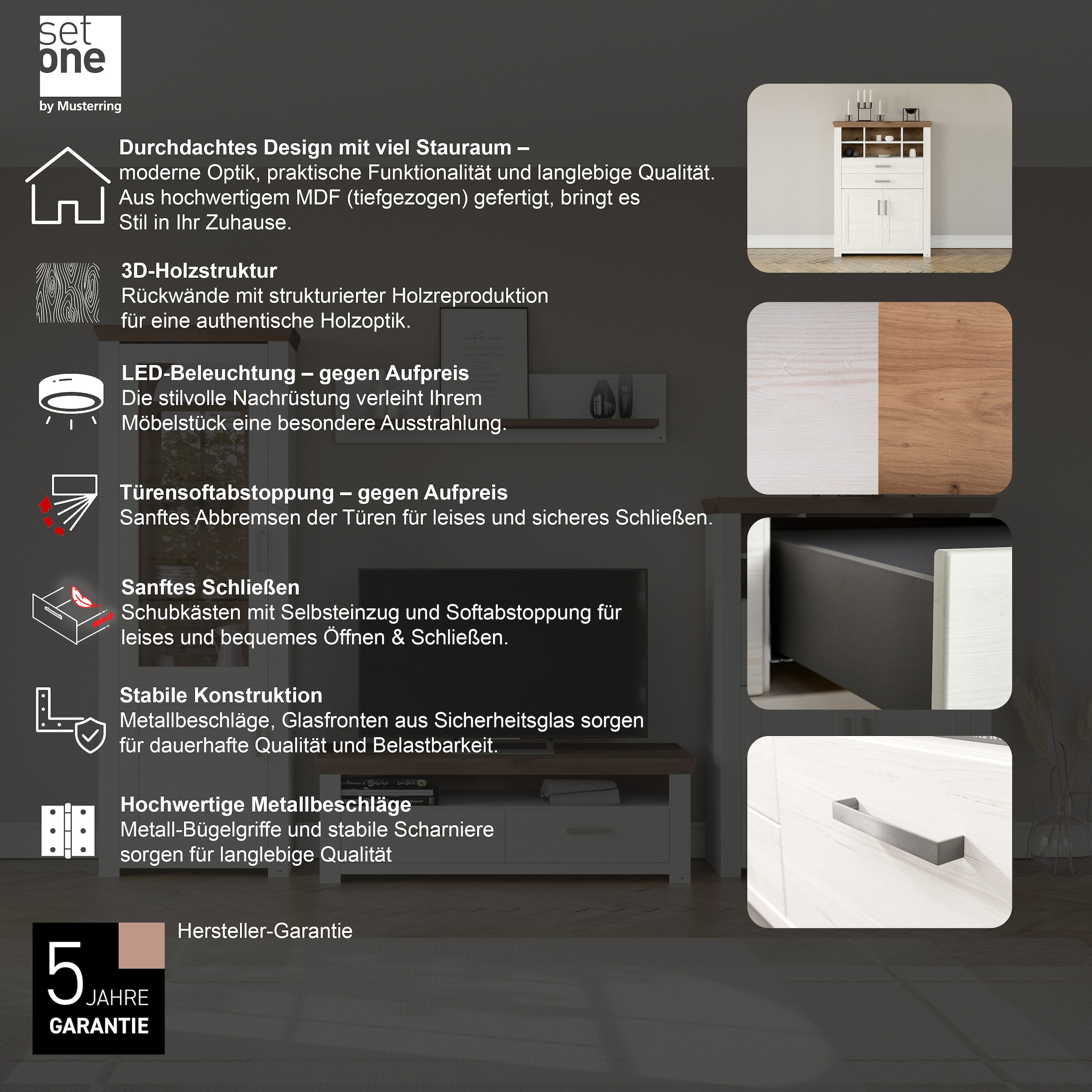 set one by Musterring Highboard »York« Typ 16, mit Holztüren und Schubkasten, Beleuchtung optional, B 105 cm