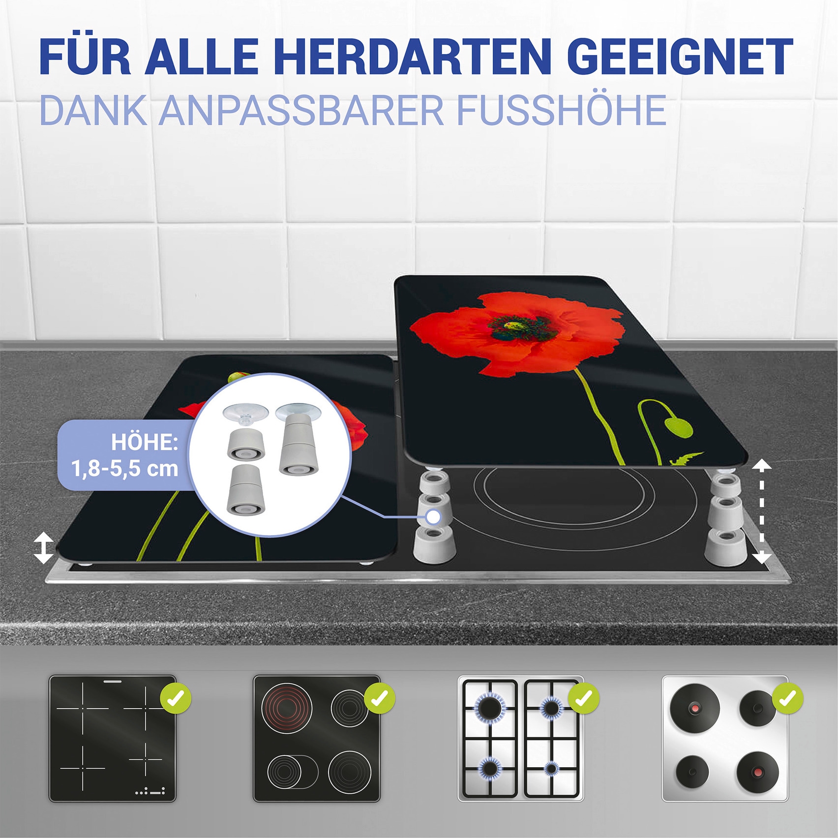 WENKO Herd-Abdeckplatte »Universal Modell Mohn«, (Set, 2 tlg.), Herdabdeckung für alle Herdarten, kratzfest, mit rutschfesten Füßen