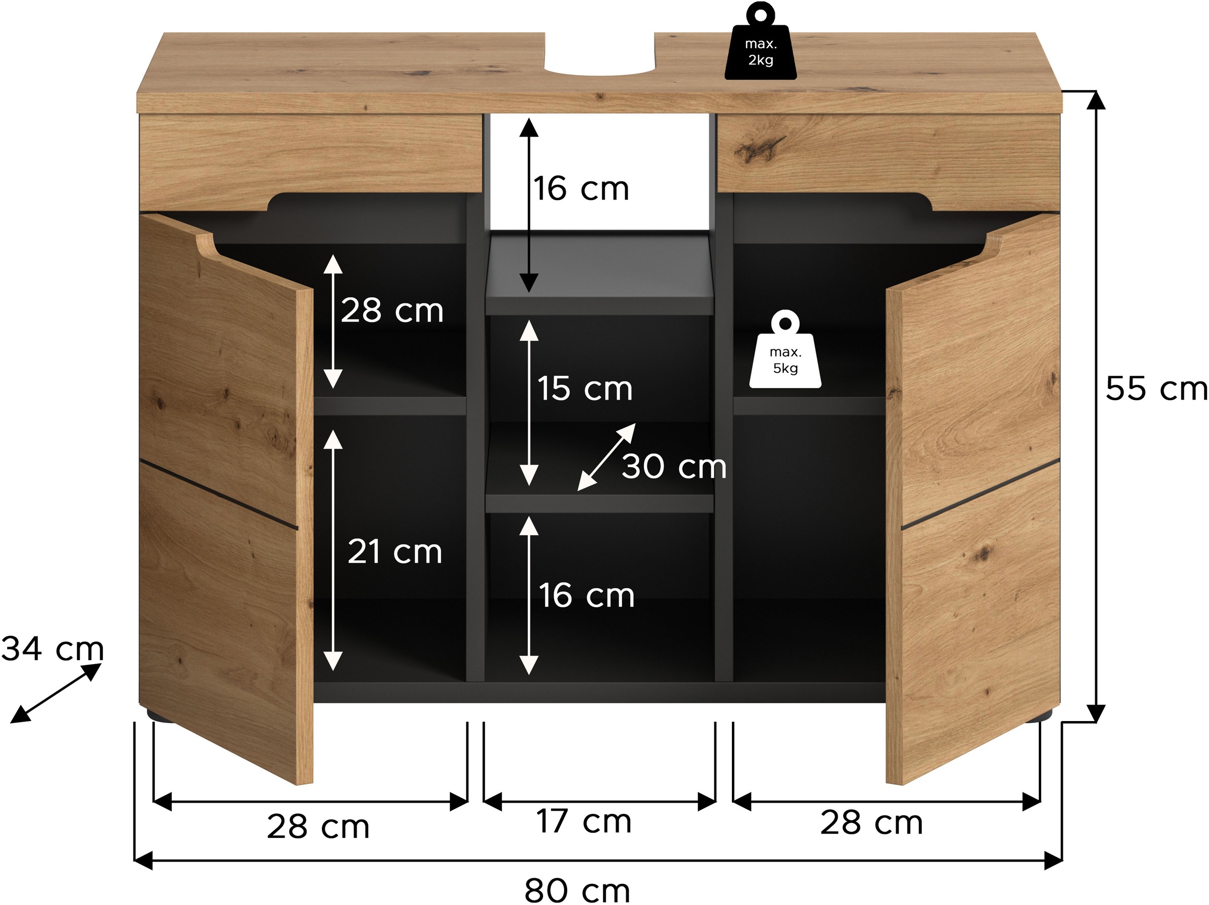 INOSIGN Waschbeckenunterschrank »REHAT, Breite 63 cm, 2 Türen, Einlegeboden, mit Siphonausschnitt«, Soft-Close-Funktion, eingefasste Griffaussparung in der Front