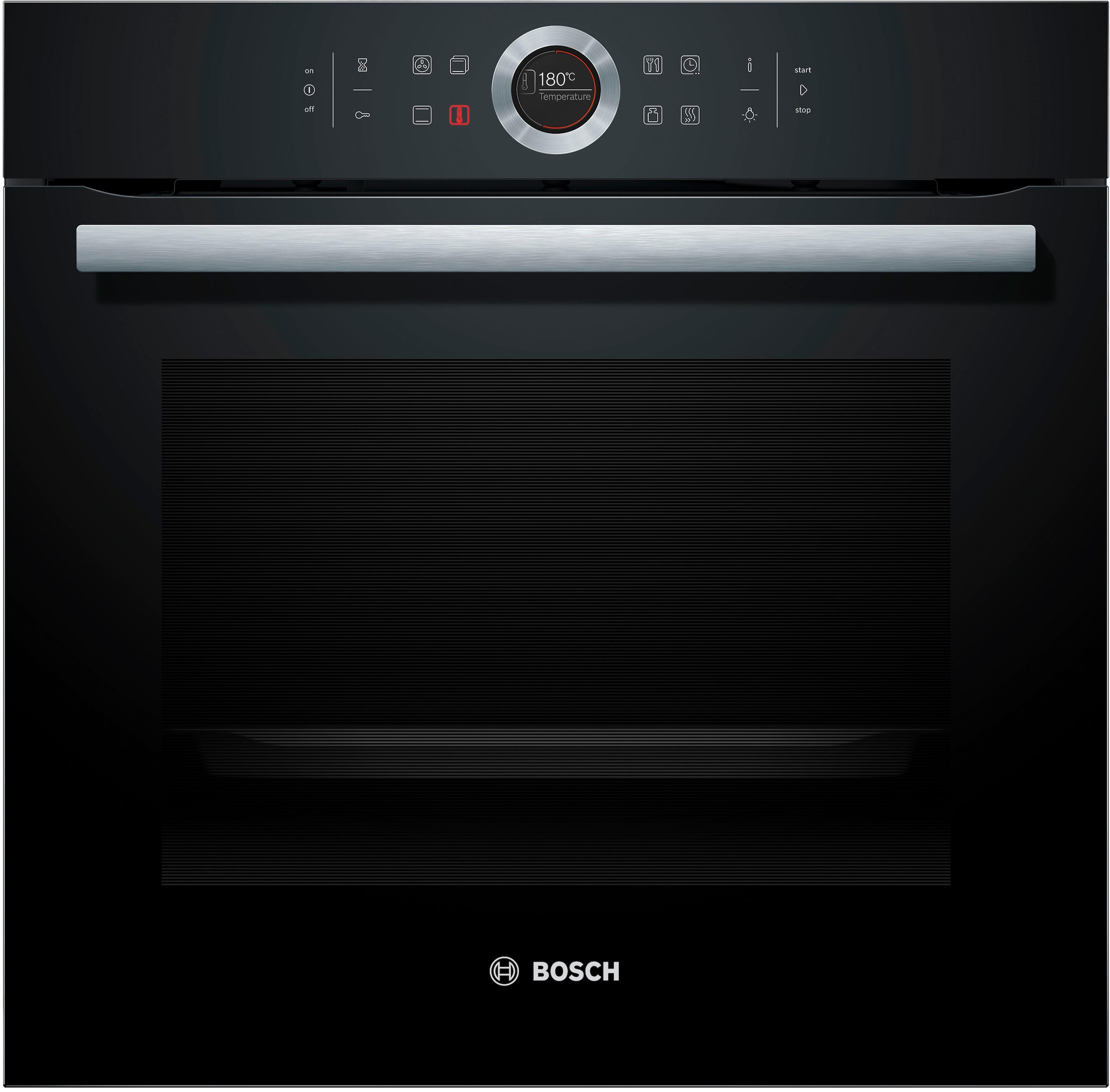 BOSCH Einbaubackofen »HBG635B«, Serie 8, mit Teleskopauszug nachrüstbar, ecoClean Direct, 4D-Heißluft-Eco-Ober-/Unterhitze Eco-Umluft-Infra-Grill-Großflächen-/Kleinflächengrill-Pizzastufe-Sanftgaren-Vorwärmen-Warmhalten-Auftaustufe, mit Pizzastufe