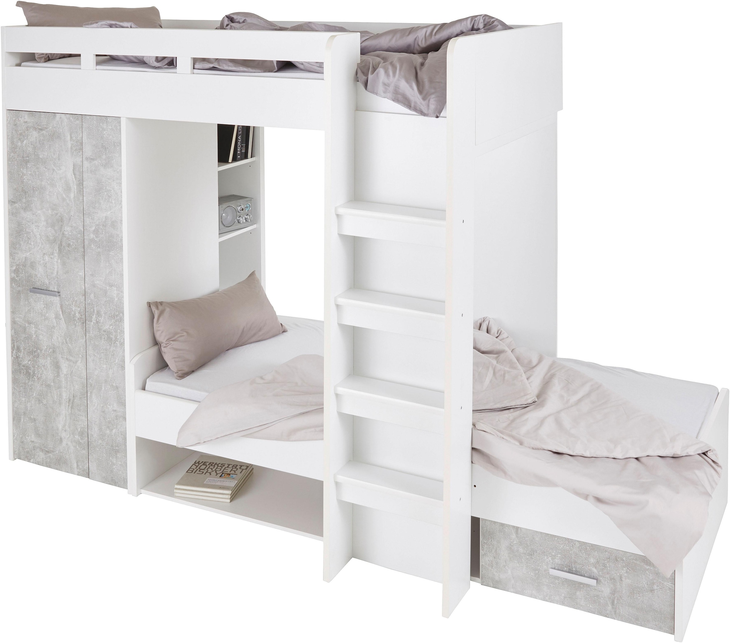 Begabino Hochbett "MAXI" mit 2 Liegeflächen, Kleiderschrank und Regalen günstig online kaufen