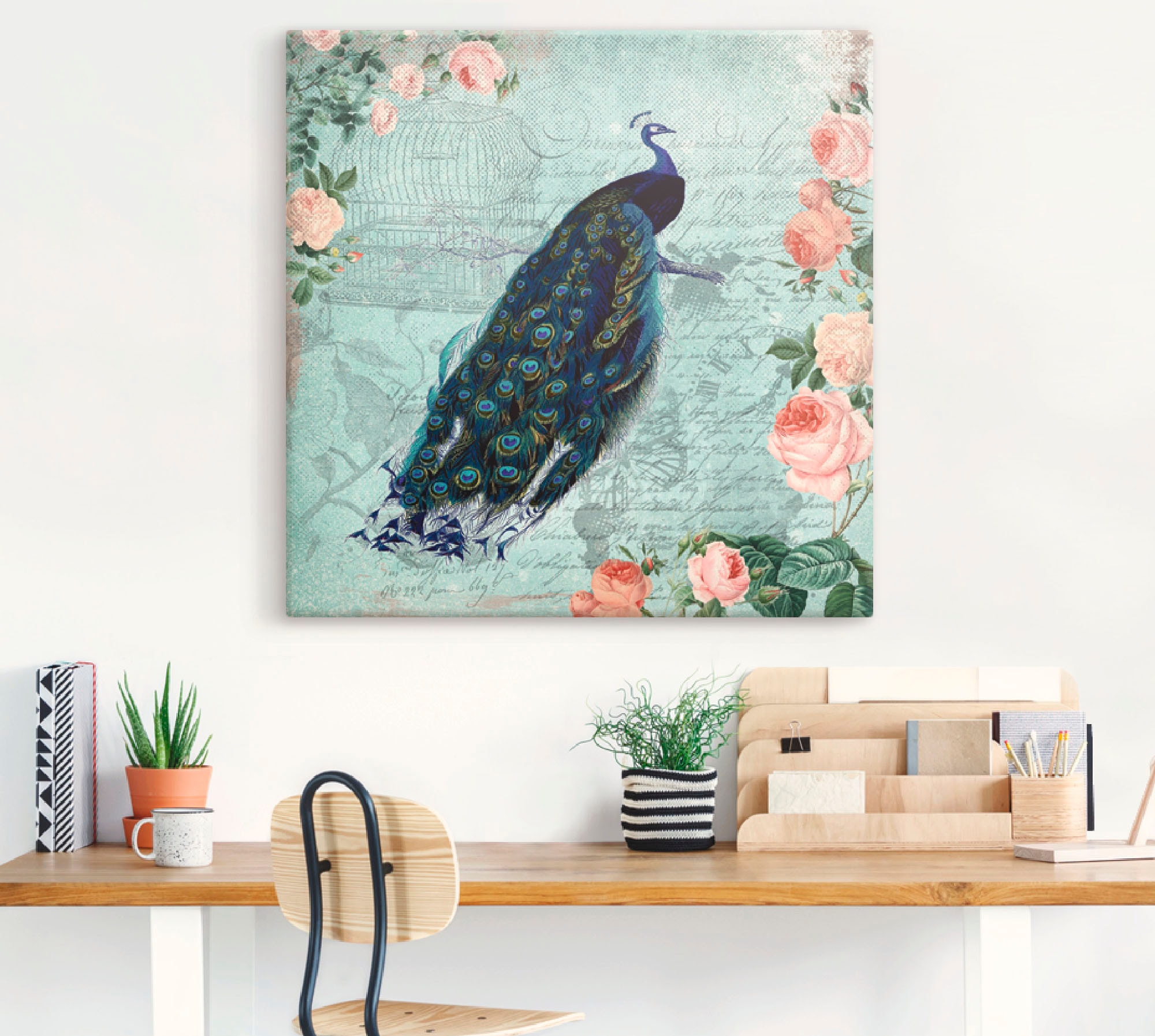 Artland Leinwandbild »Vintage Rosen und Pfau Illustration«, Vögel, (1 St.), auf Keilrahmen gespannt