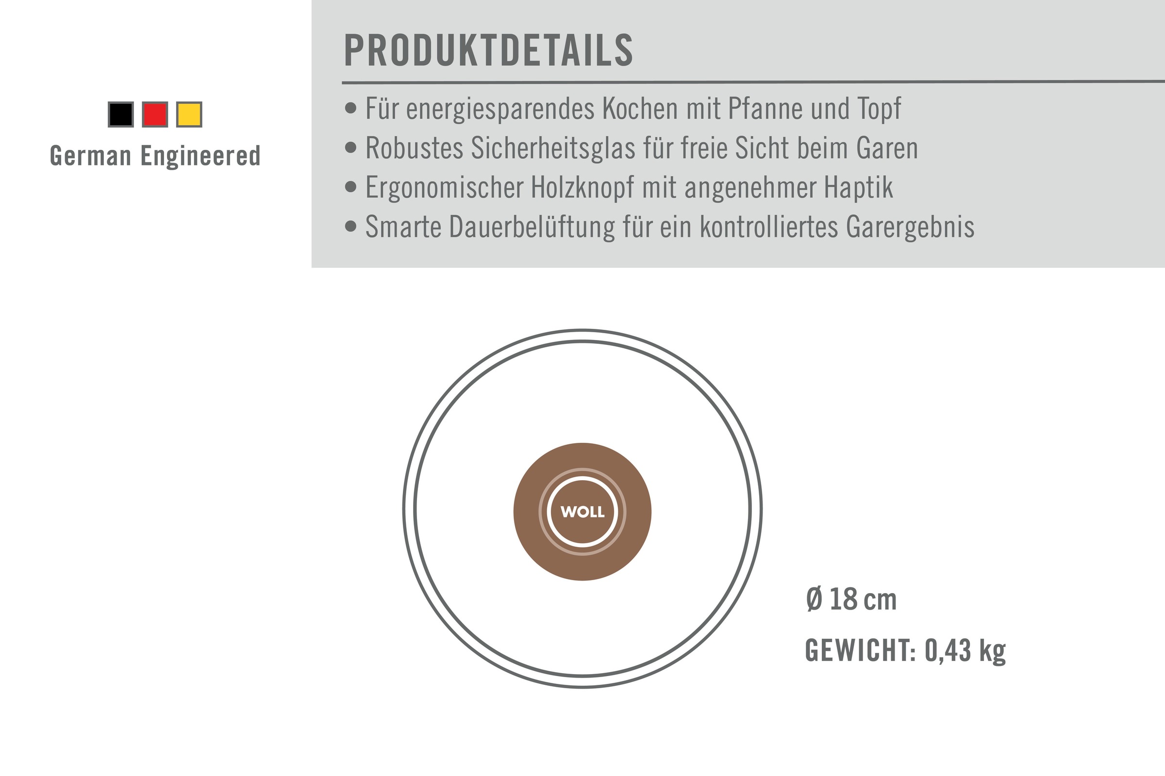 WOLL »WOLL Eco Logic Sicherheitsglasdeckel mit Holzknopf, rund« Hitzebeständig, Spülmaschinengeeignet, für Pfannen und Töpfe