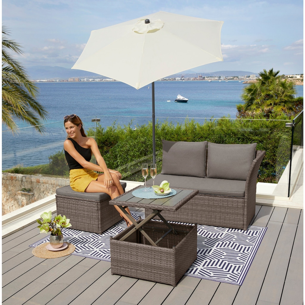 KONIFERA Gartenlounge-Set »Marseille Premium«, (7 tlg.), 2er Sofa, 1 Hocker, Tisch 57x57x36-63 cm, Polyrattan