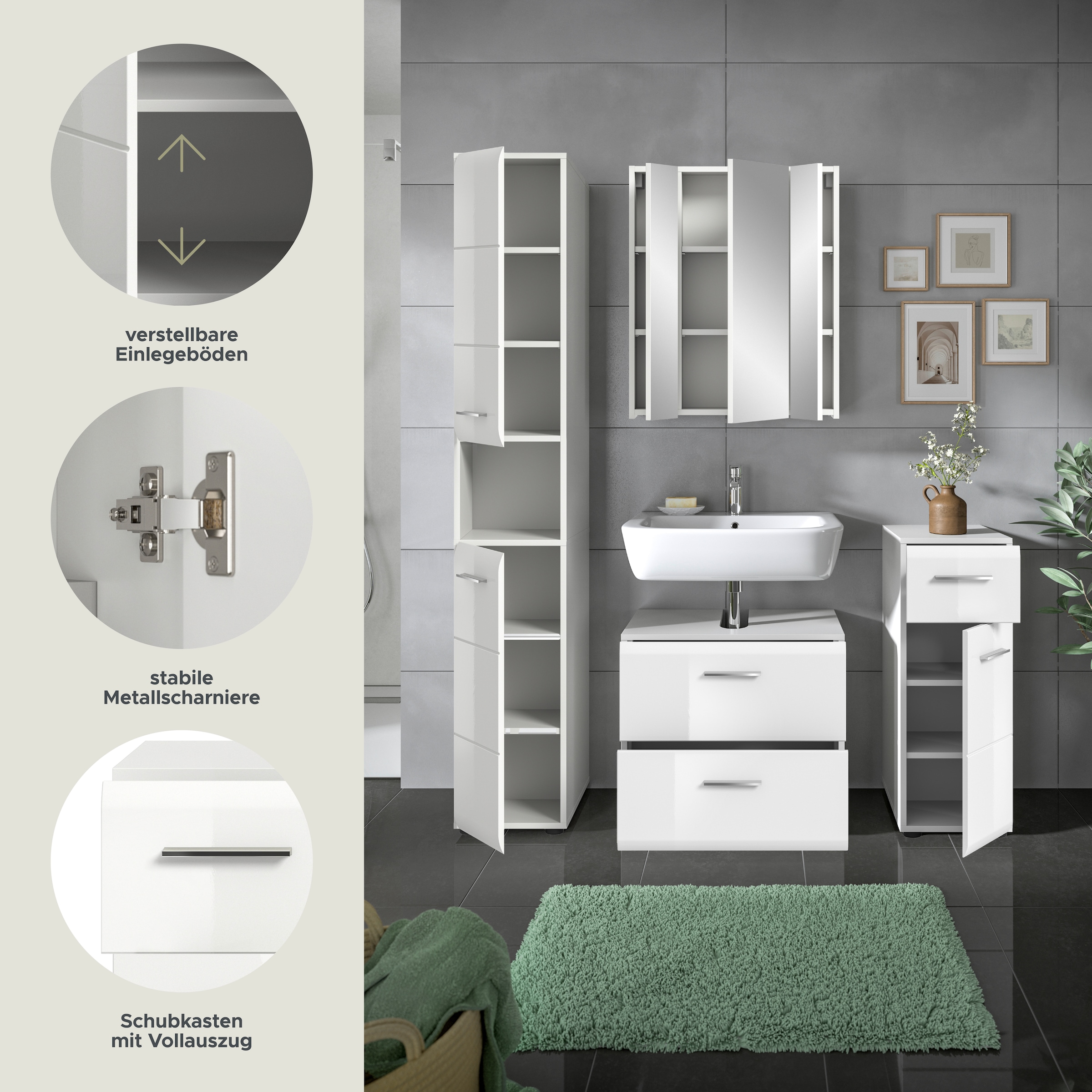 INOSIGN Badezimmer-Set, (Set, 4 St.), Florenz, Badkombination 4-tlg., Weiß hochglanz tiefzieh, Hochschrank