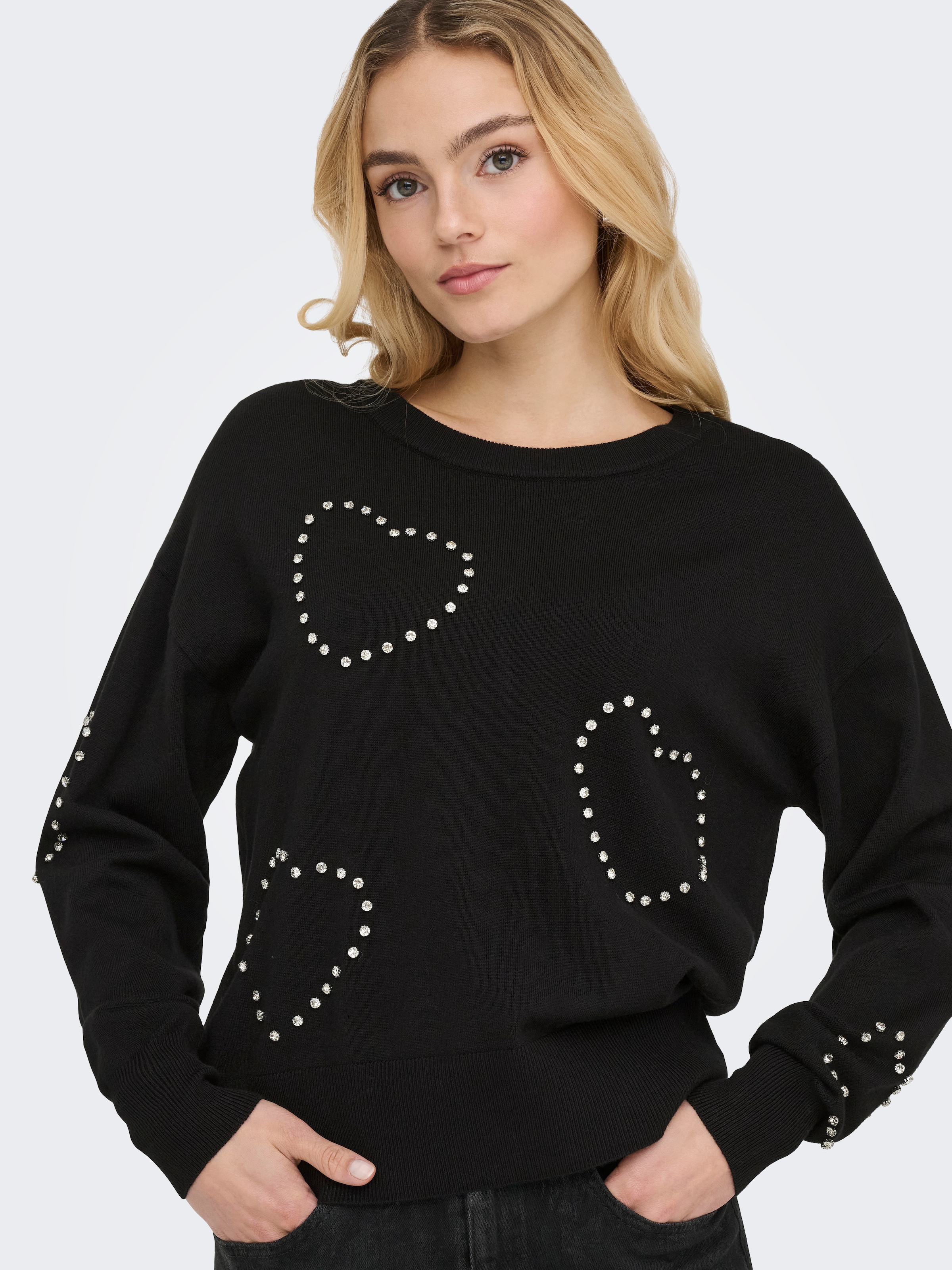 ONLY Rundhalspullover »ONLBEE LS HEART BLING O-NECK CC KNT« mit Glitzersteinen