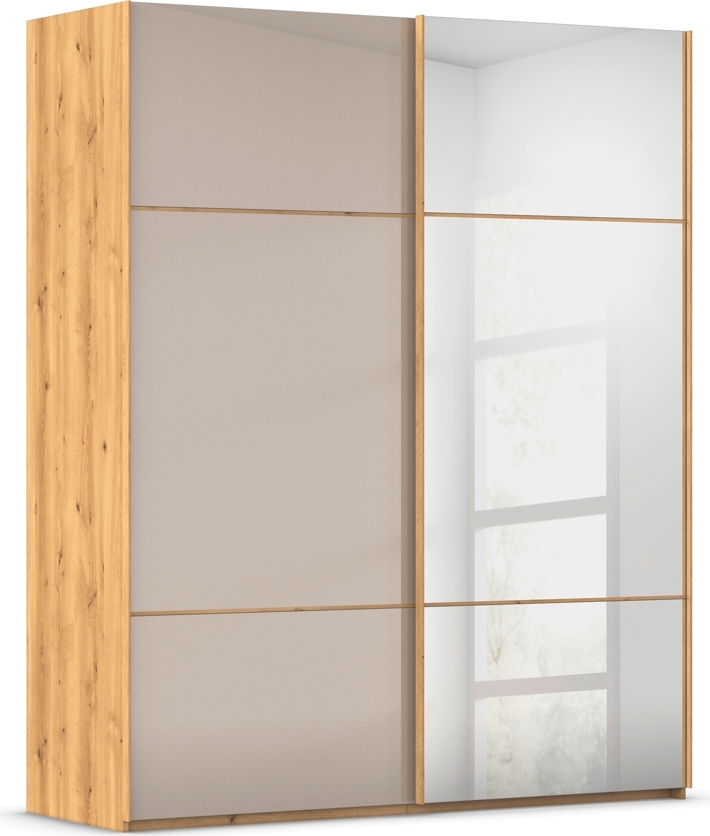 rauch Schwebetürenschrank "Kleiderschrank Schrank Garderobe Schlafzimmerschrank SCALE-TRIO" edle dreigeteilte Front mit 2 Zierleisten Spiegel/Glas MADE IN GERMANY