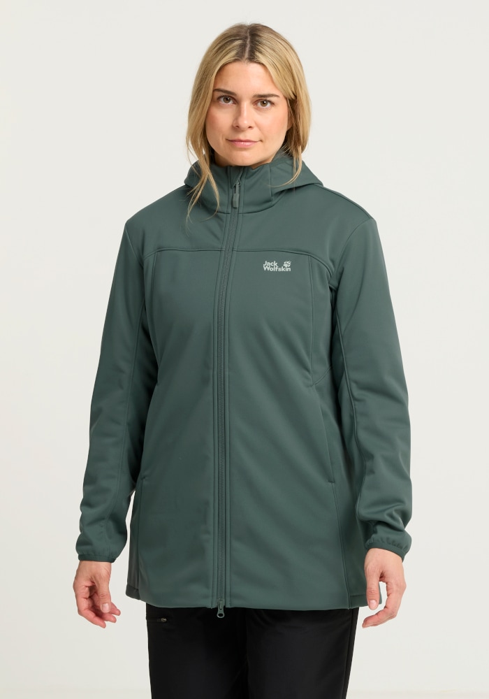 Jack Wolfskin Softshellmantel »WINDHAIN 2 COAT W« Softshellmantel mit Kapuze, winddicht, wasserabweisend