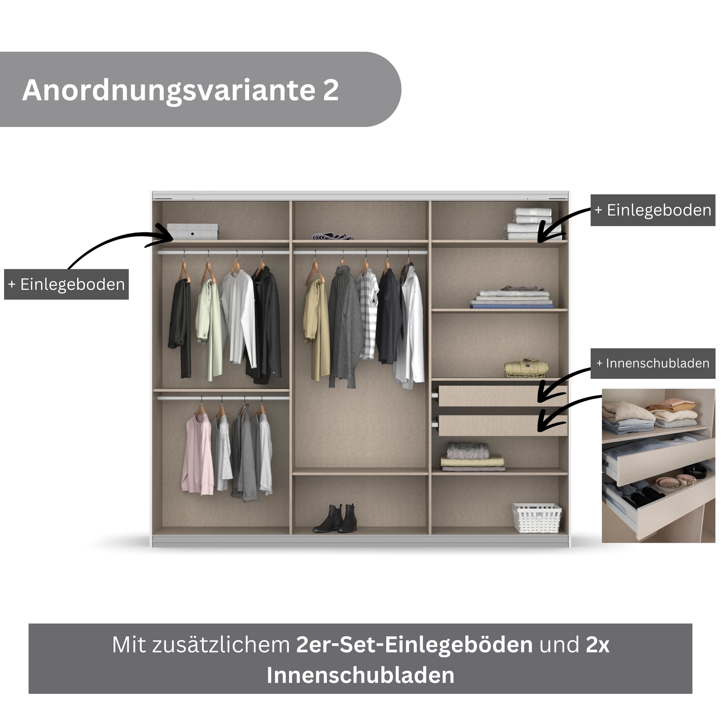 rauch Schwebetürenschrank »Kleiderschrank Schrank Garderobe KOLUNA mit Glastüren und Spiegel«, inkl. 2 Innenschubladen sowie extra Einlegeböden MADE IN GERMANY
