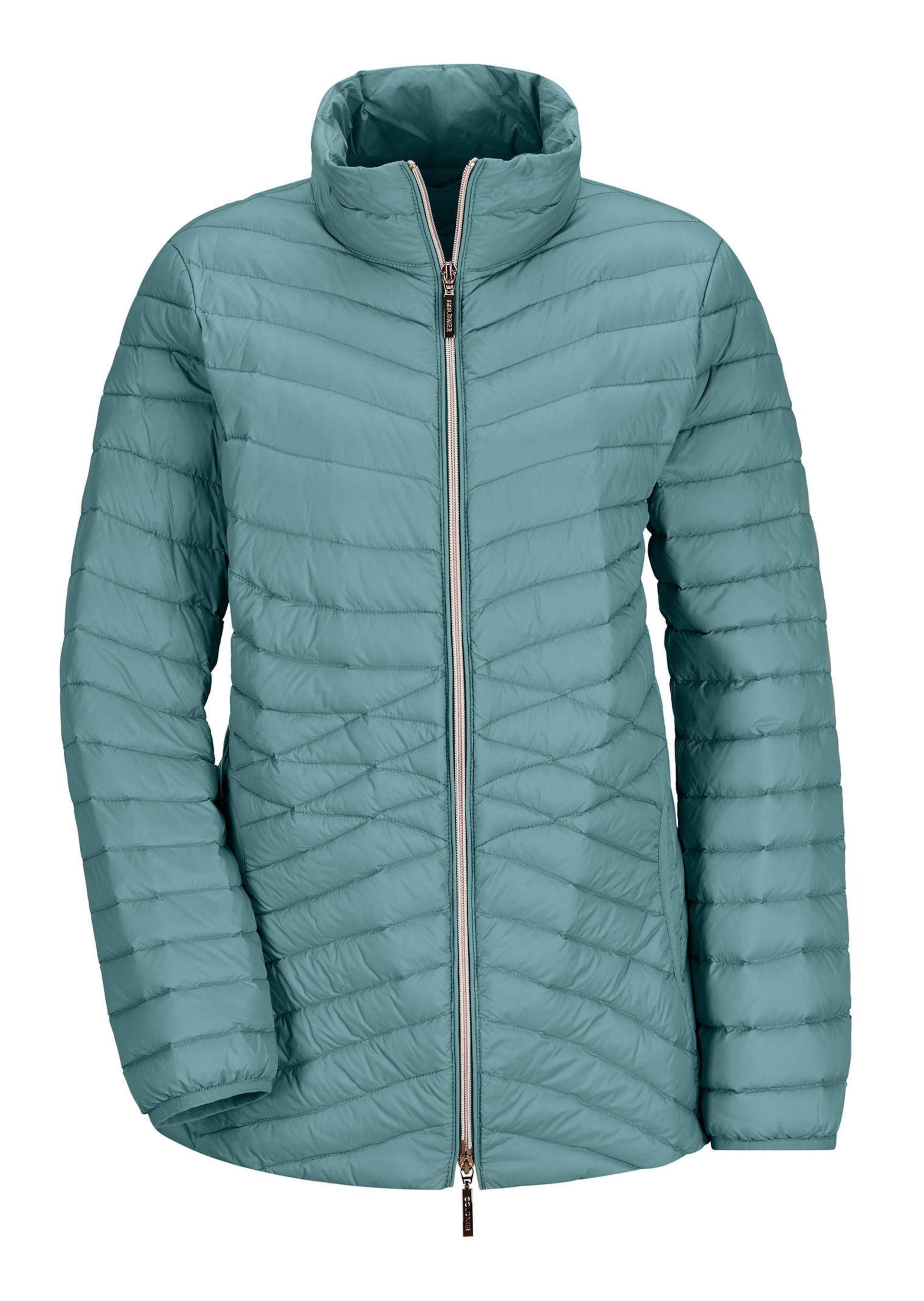 Steppjacke GOLDNER "Kurzgröße Herbstjacke mit Daunen, Stehkragen", Damen, Gr. 22, grün (graugrün), Obermaterial: 100% Polyamid PA., Modisch, Jacken Steppjacke, 2-Wege RV