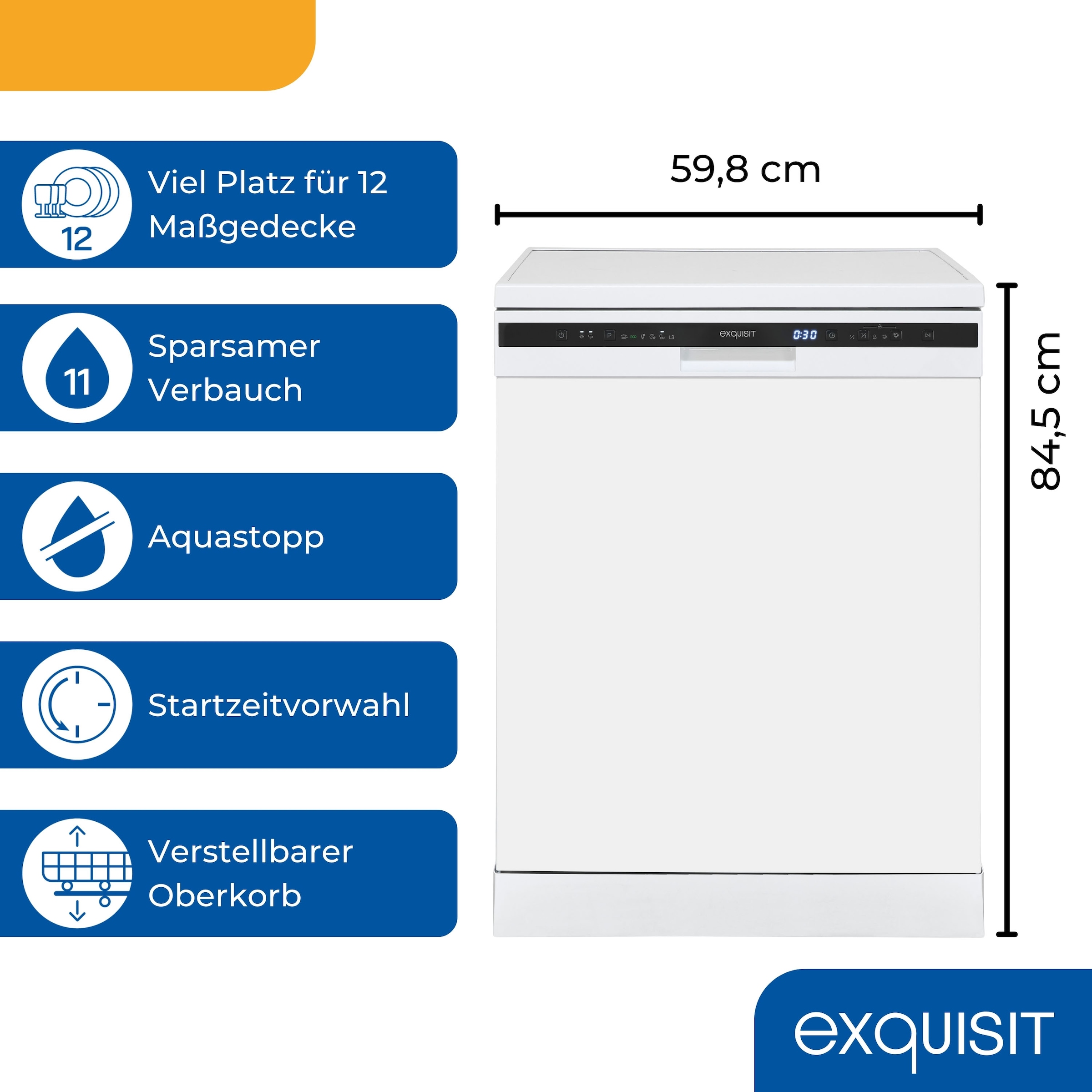 exquisit Standgeschirrspüler »GSP6312-030C weiss« 9,8 l 12 tlg. Maßgedecke 12 Maßgedecke -  LED, Besteckkorb, Auto Door Open, AquaStop