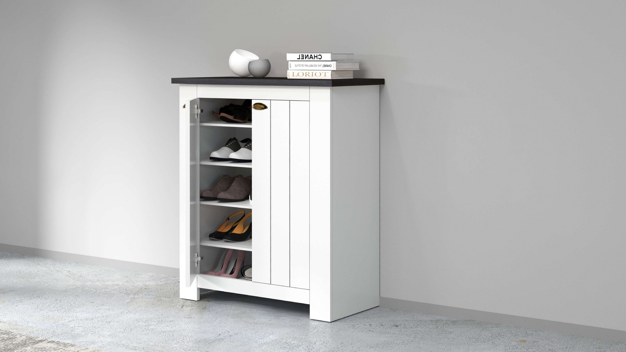 INOSIGN Schuhschrank »FIGO, Made in Italy – Schuhkommode,Schuhregal für ca. 20 Paar Schuhe«, (1 St.), 4-Türig, Siebdruck-dekorative Fräsungen, 10 Fächer, Breite 84 cm