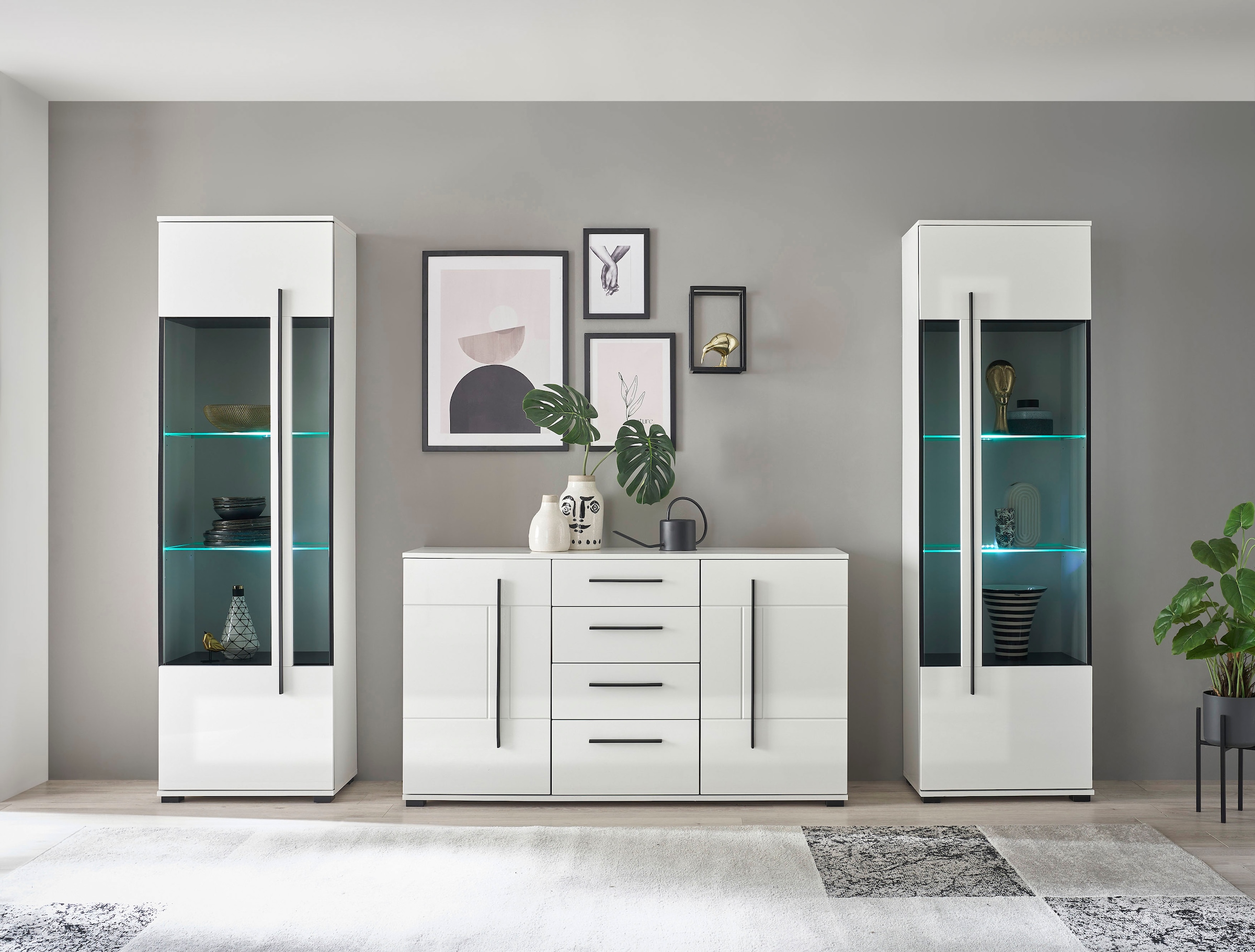 INOSIGN Wohnwand »Cantara, moderne Anbauwand, Wohnzimmer-Set, in Eiche Evoke oder Weiß«, (Set), enthält zwei Vitrinen und ein Sideboard