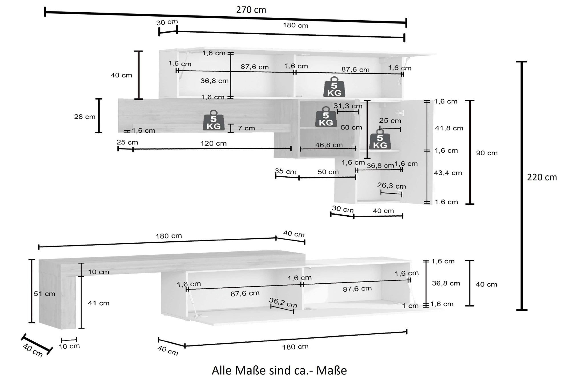 INOSIGN Wohnwand »Chronos Wohnwand, Medienwand, 5-er set«, (Set, 5 St.), ca. 270 cm mit Hängeschränke, Würfel, Regal, Lowboard, Made in Italy
