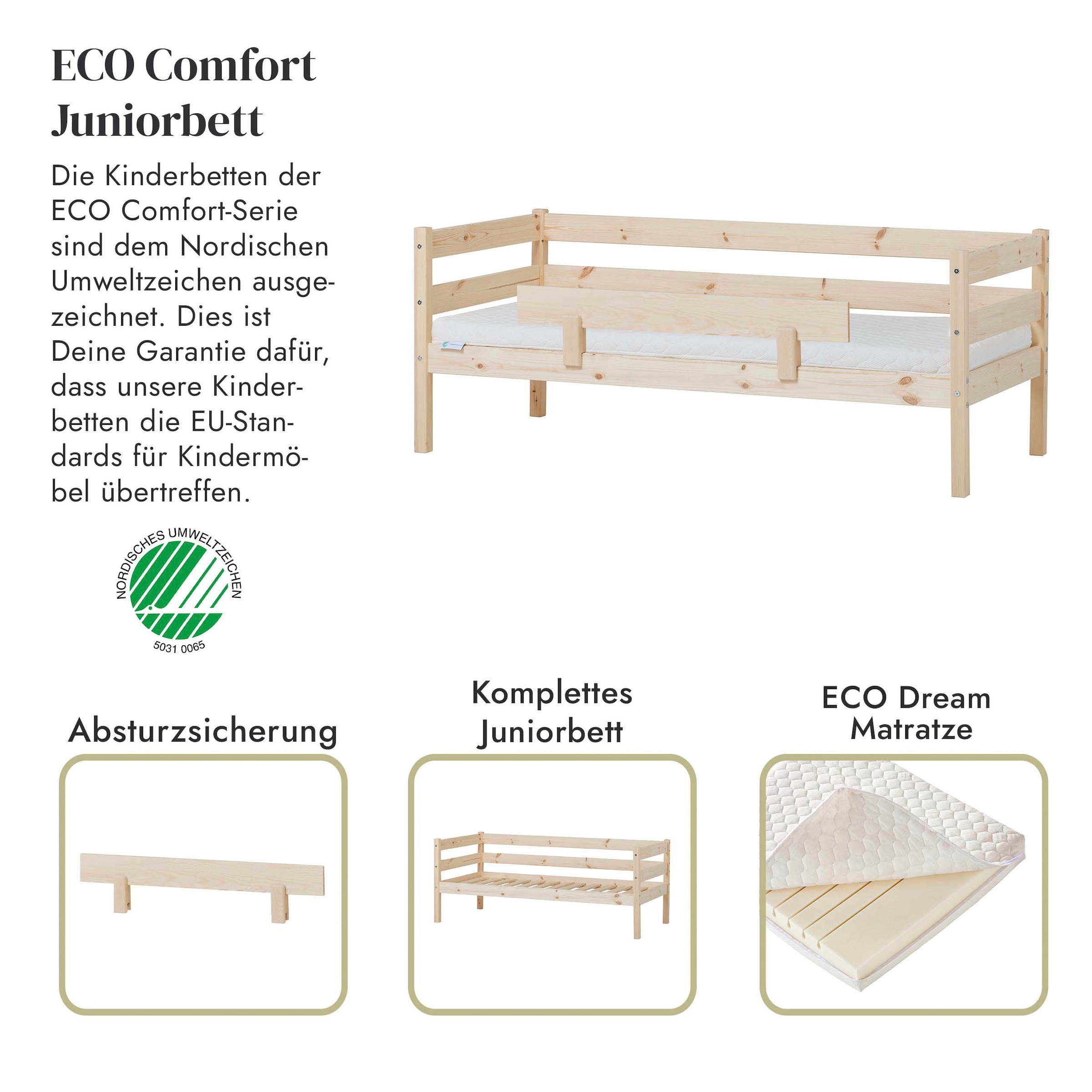 Hoppekids Einzelbett »ECO Comfort Kinderbett, Kiefer Massivholz, Jugendbett inkl. Rollrost«, 70x160 cm, wahlweise in verschieden Farben/ Matratze/ Absturzsicherung