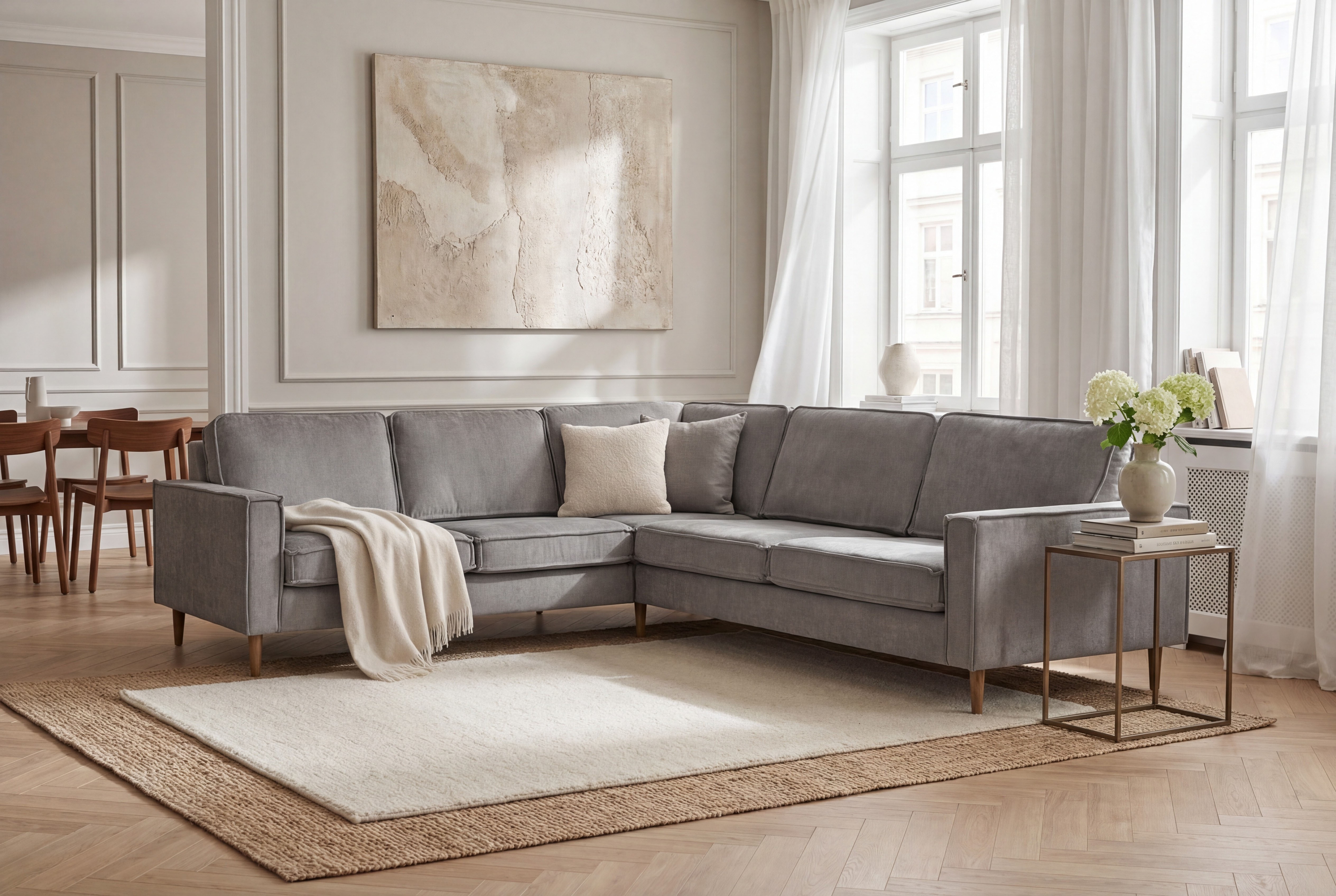 OTTO home Ecksofa "Pinto Skandi, 290 cm, Chenille, Struktur, Ottomane links / rechts" mit Keder, Massivholzfüße Eiche geräuchert, Wellenunterfederung