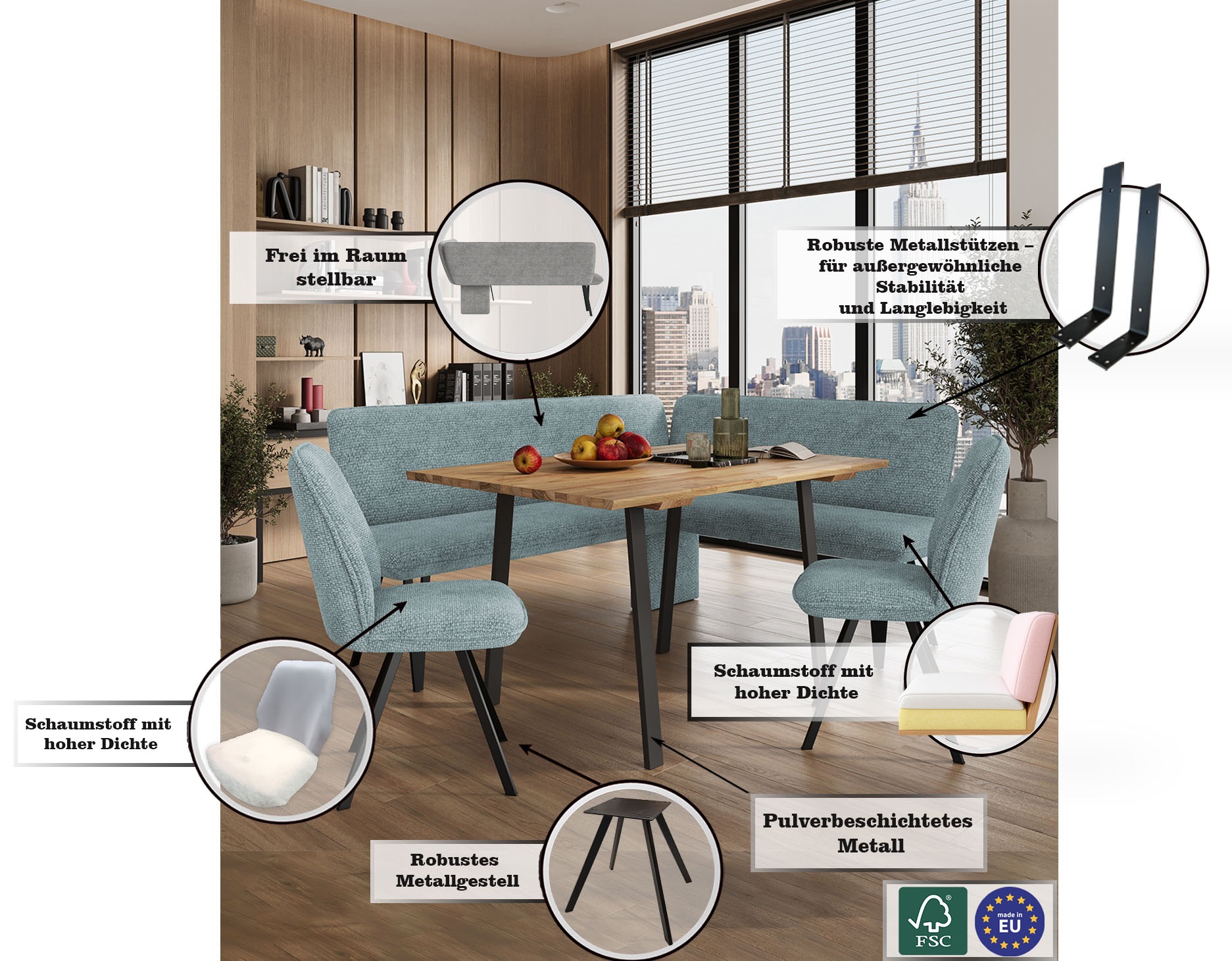 Eckbankgruppe OTTO HOME "Mily Essecke, Sitzgruppe, Eckbankgruppe, Küchenbankgruppe", blau (mineral blau, schwarz), B:205cm H:89cm T:164cm, FSC-zertifizierter Holzwerkstoff, FSC-zertifiziertes Massivholz, Metall, Sitzmöbel-Sets, Eckbankgruppe, BESTSELLER 3