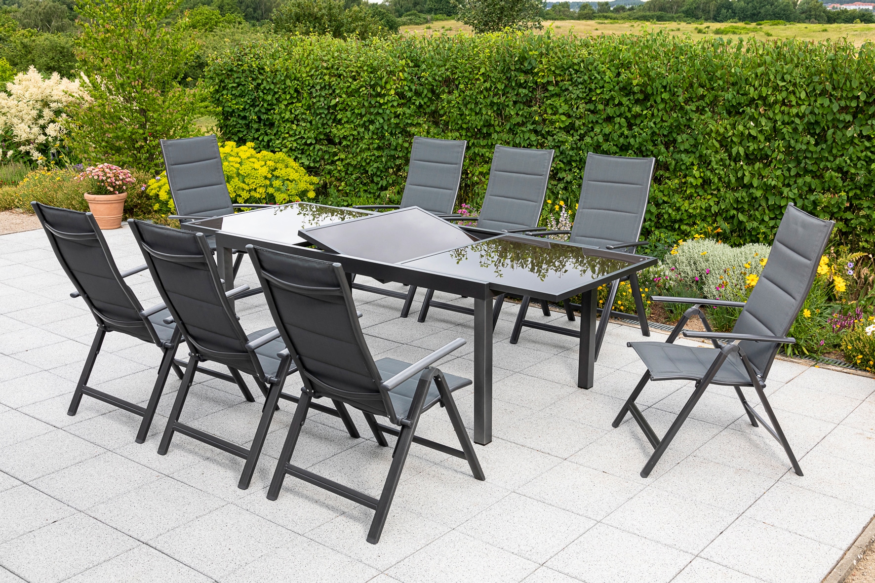 MERXX Garten-Essgruppe »Taviano«, (Set, 9 tlg.), 8 Klappsessel, 5-fach verstellbar, Ausziehtisch