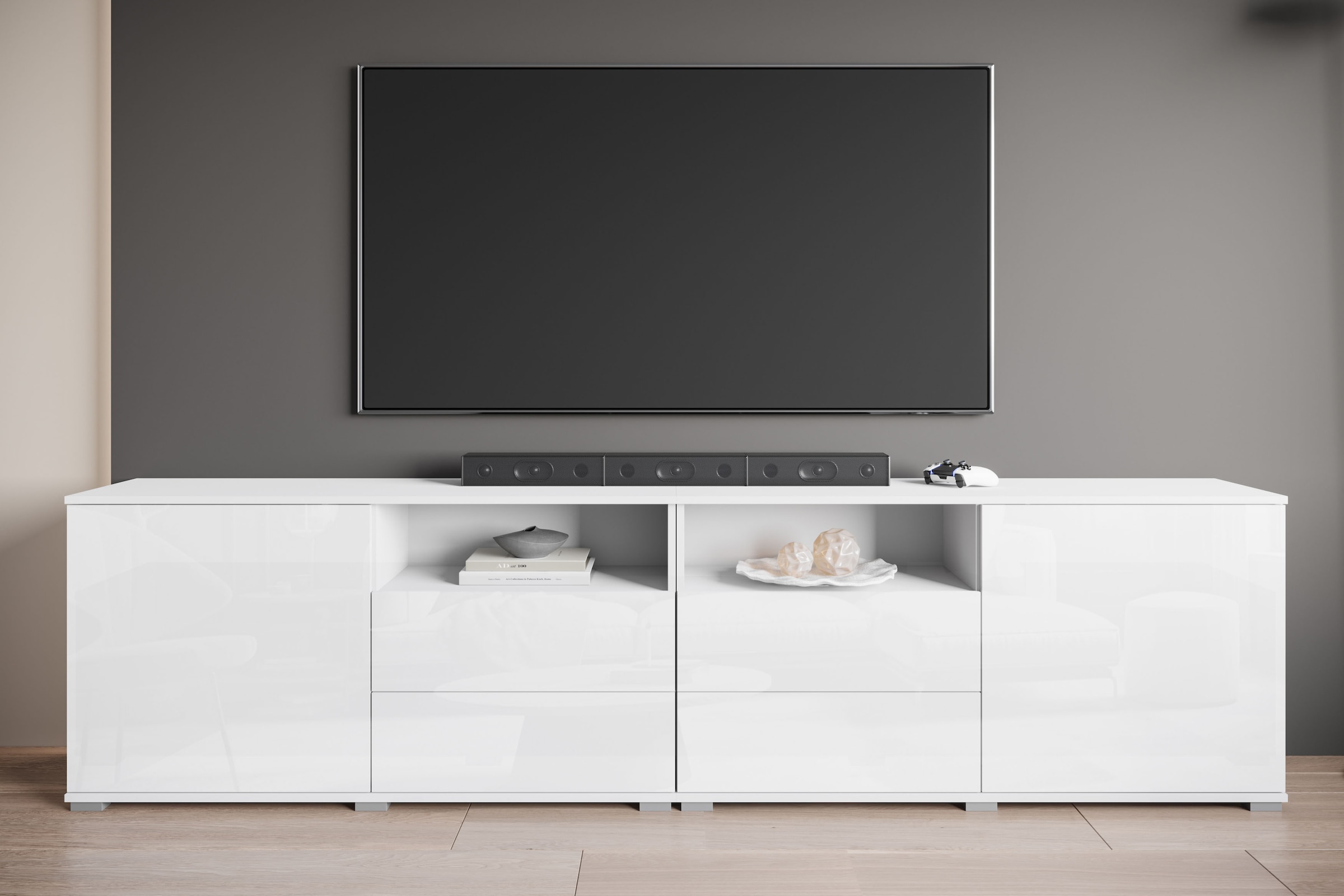 OTTO home Lowboard »Kenia, TV-Schrank, 240 cm breit, mit 2 Türen und 4 Schubladen« 1 Stk. tlg. Höhenverstellbare Einlegeböden und offene Ablagefächer