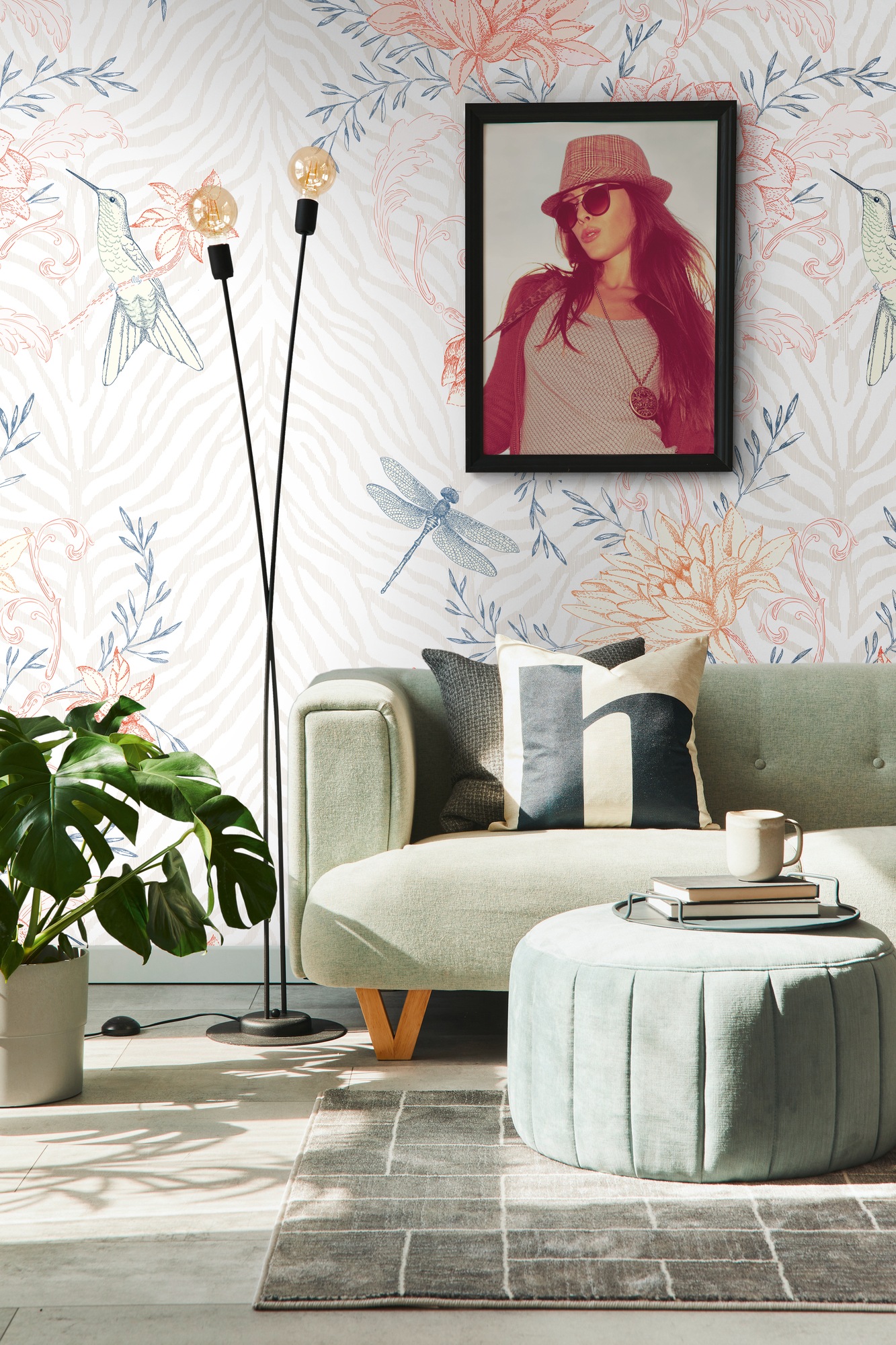 living walls Fototapete "Blumentapete" gemustert matt neutral glatt Fototapete Floral Libelle Tapeten Wohnzimmer Schlafzimmer Küche Design