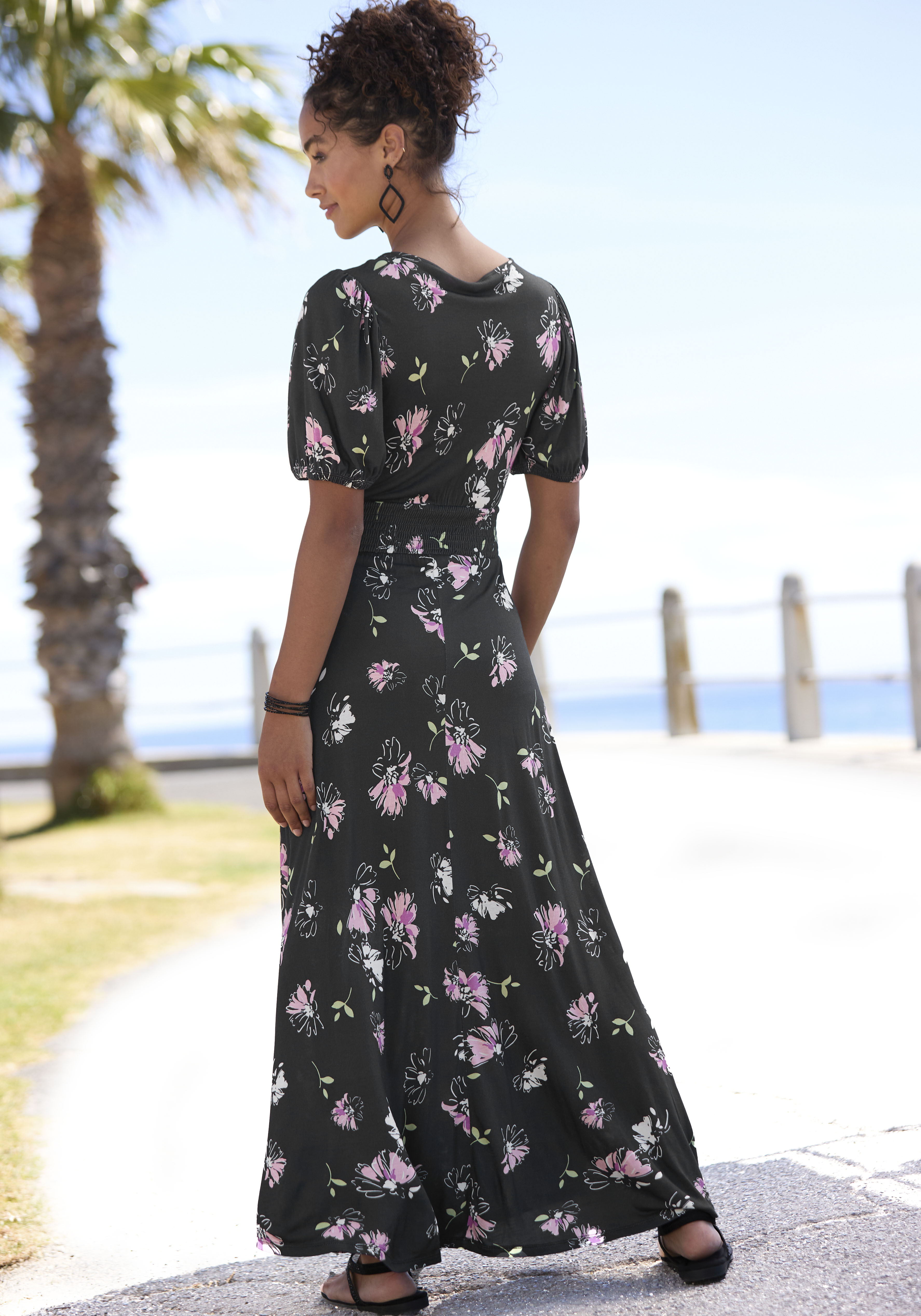 Thumbnail - Vivance Maxikleid, mit Blumendruck und leichten Puffärmeln, Sommerkleid, casual