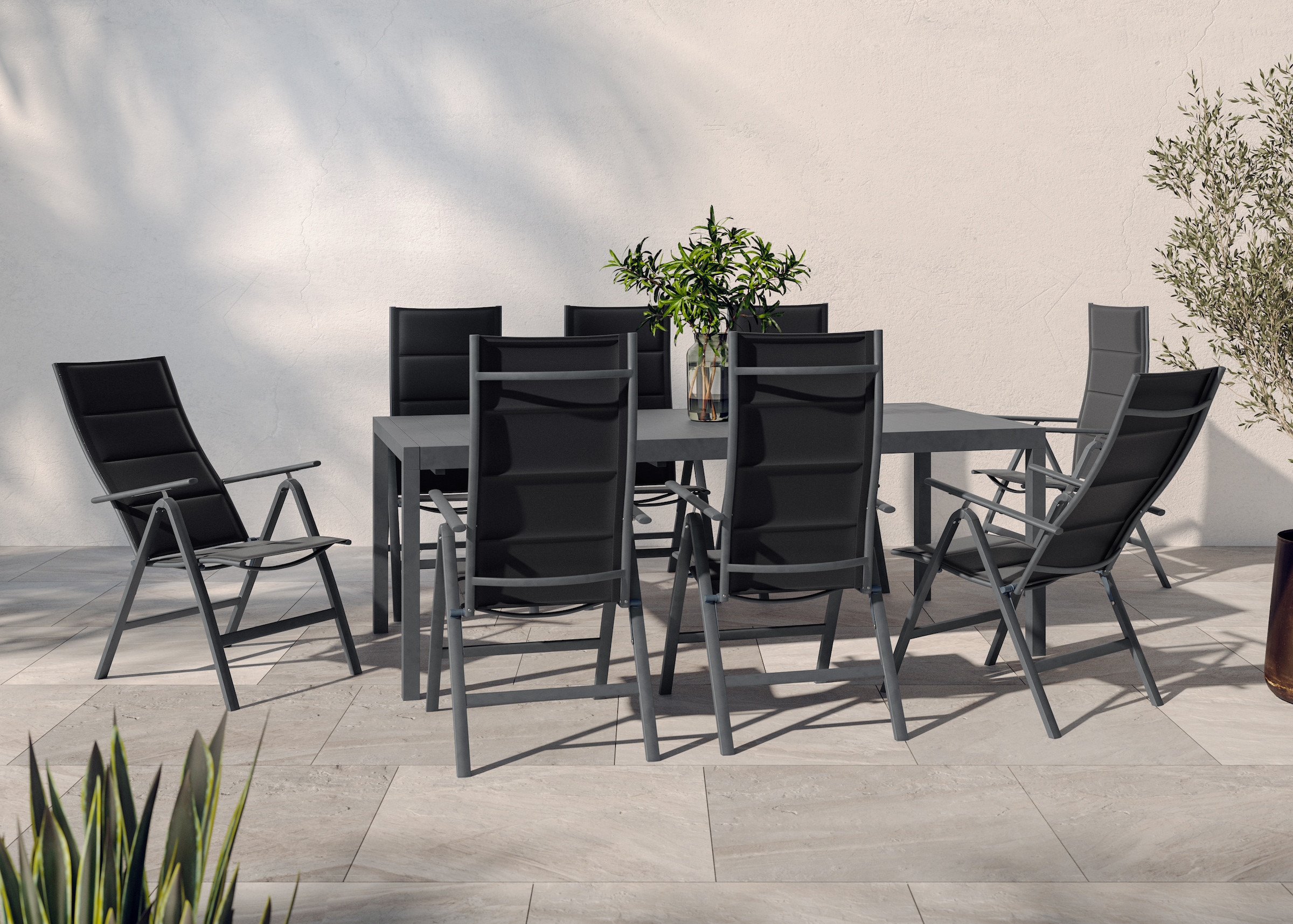 KONIFERA Garten-Essgruppe »»Carini««, (Set, 9 tlg., 8x Sessel, Tisch ausziehbar 90x184-224x75 cm), Aluminium/ Textilgewebe