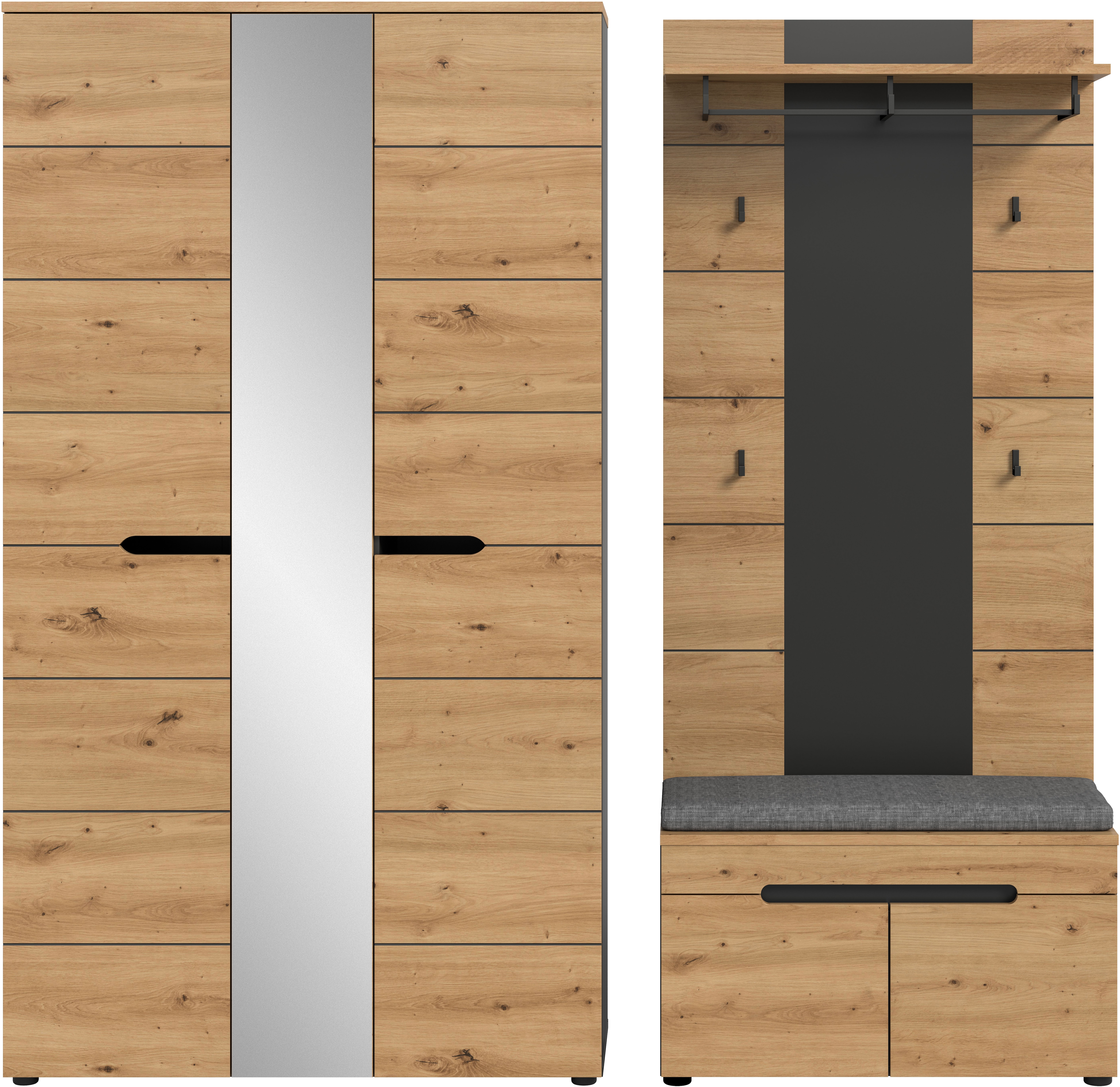 Home affaire Garderoben-Set "REHAT, TOPSELLER, 4-teilig, Breite 200 cm, individuell stellbar" Set, best. aus: Garderobenschrank, Sitzbank, Sitzkissen & Garderobenpaneel, 4 Stk. tlg.