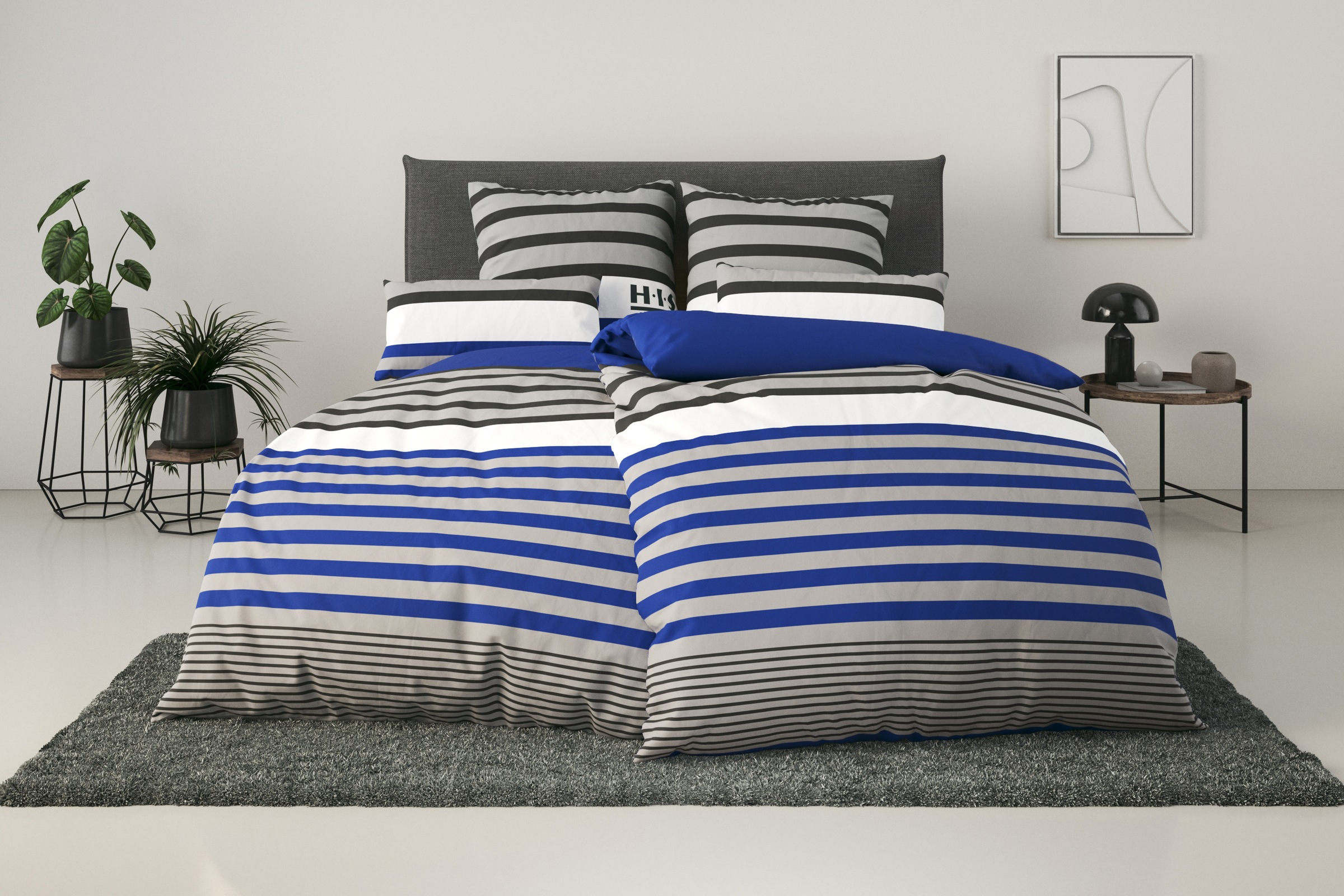 Bettwäsche H.I.S, blau, Polycotton recycelt, Obermaterial: 52% Polyester, 48% Baumwolle, Bettwäsche, "Majoran", gestreifte Bettwäsche in